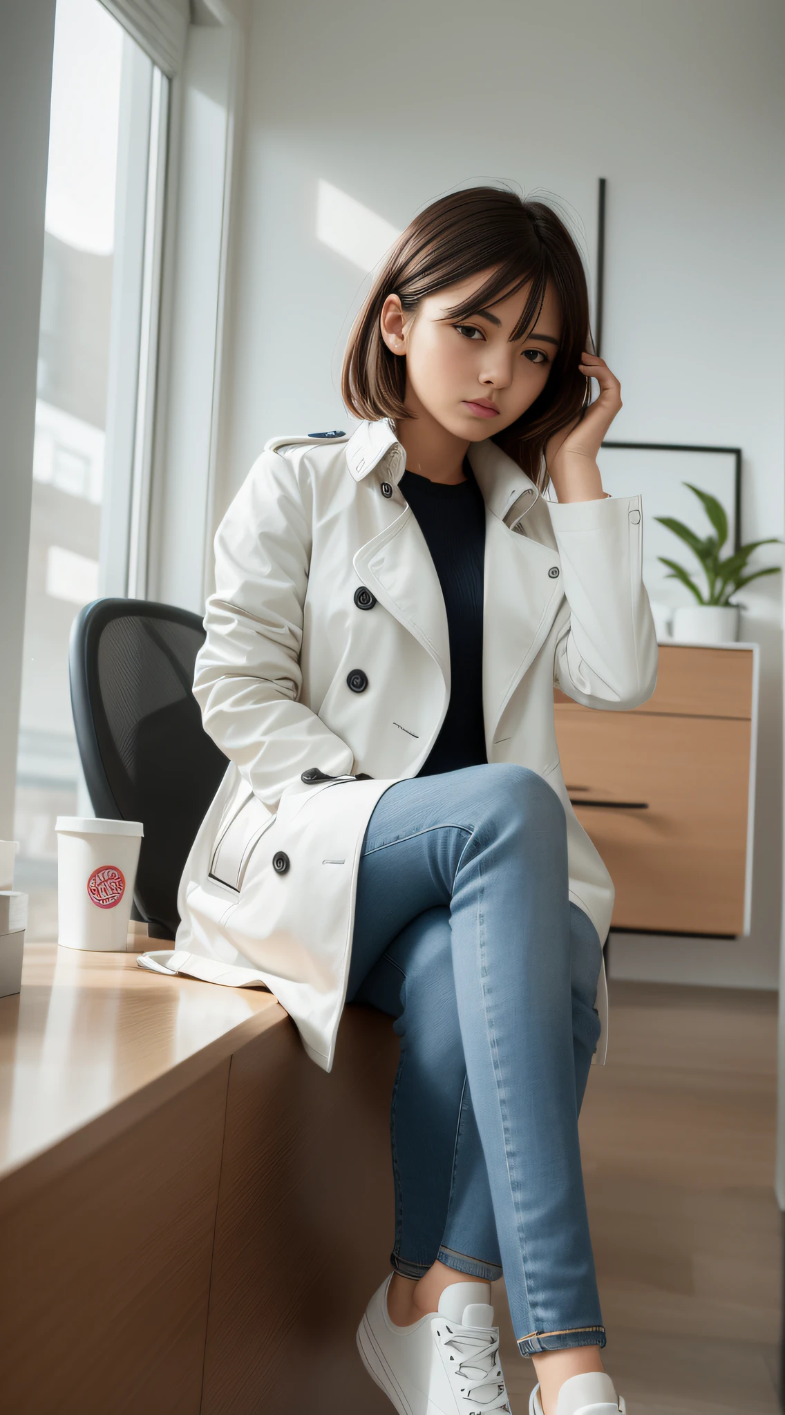 A girl sitting in office in a white trench coat, dark blue skinny jeans, sneakers, far shot