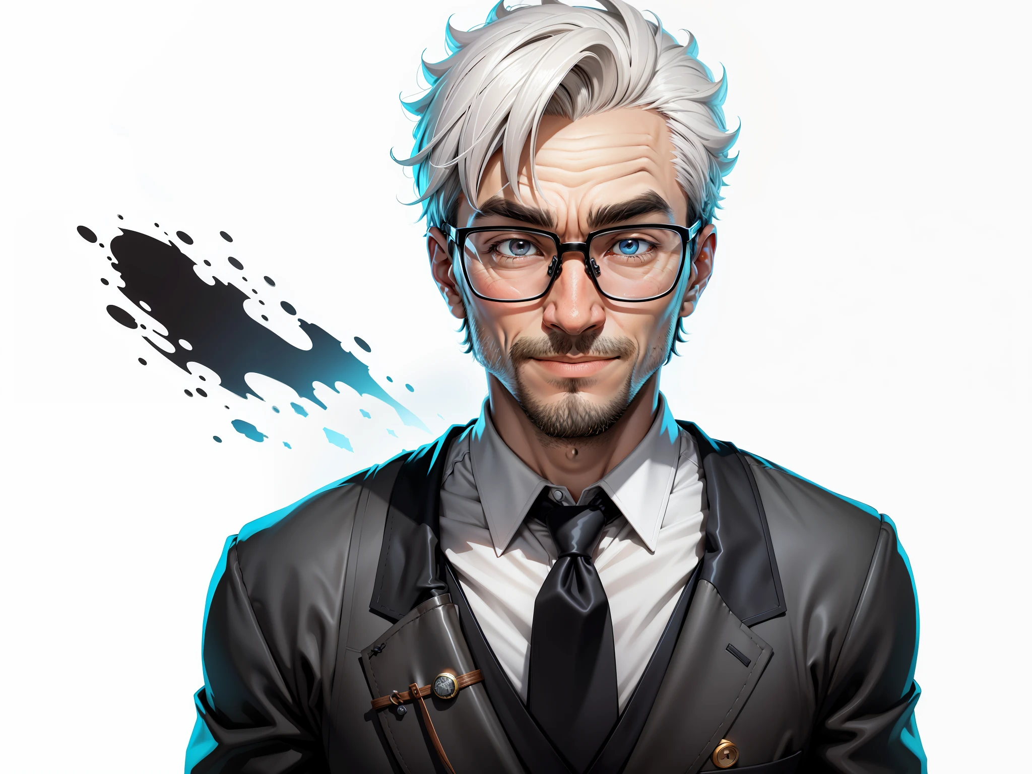 Super young man 30 years old，Silver glasses，The face is slightly fat，The face is very clean，No whiskers，Black super short hair，Black eyes，black suit，Blue tie，Smile confidently，digtial painting，the movie，3D character design by Mark Clairdon and Pixar and Hayao Miyazaki，The illustration is a high-definition illustration in 4K resolution，With very detailed facial features and cartoon-style visuals。
