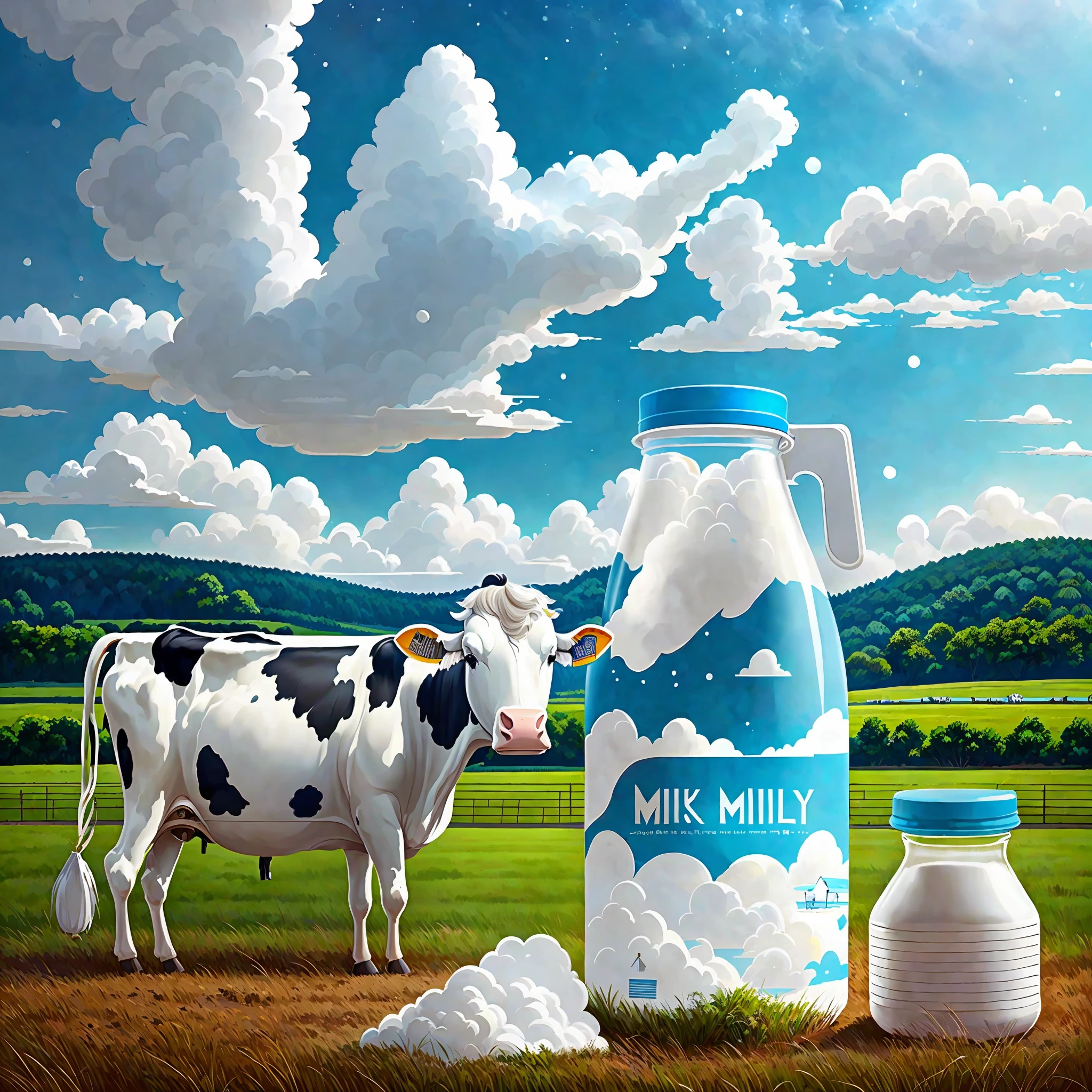 There are fewer white clouds, the title text 'Rest assured milk source' is added, and a cow is added to the vista