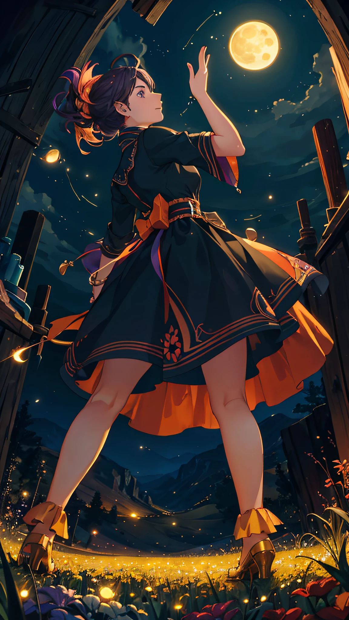 Vast landscape photo, (viewed from below, the sky is above and the open field is below), a girl standing on a flower field looking up, (full moon: 1.2), (meteor: 0.9), (nebula: 1.3), distant mountains , Trees BREAK Crafting Art, (Warm Light: 1.2), (Fireflies: 1.2), Lights, Lots of Purple and Orange, Intricate Details, Volumetric Lighting, Realism BREAK (Masterpiece: 1.2), (Best Quality), 4k, Ultra-Detailed, (Dynamic Composition: 1.4), Very Detailed, Colorful Details, (Rainbow Colors: 1.2), (Glow Lighting, Atmospheric Lighting), Dreamy, Magical, (Solo: 1.2)