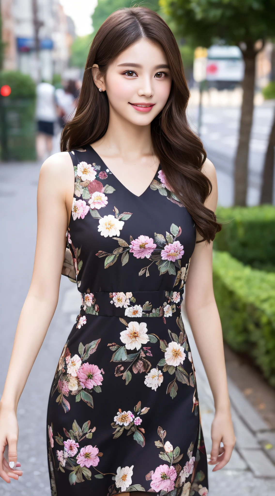 ((Best Quality, 8K, Masterpiece: 1.3)), 1 girl, smile, full body, slim face, pretty woman, (dark brown hair), full length floral dress :1.1, super detailed face, detailed eyes, double eyelids, blurred background, slim face, city, outside, street,