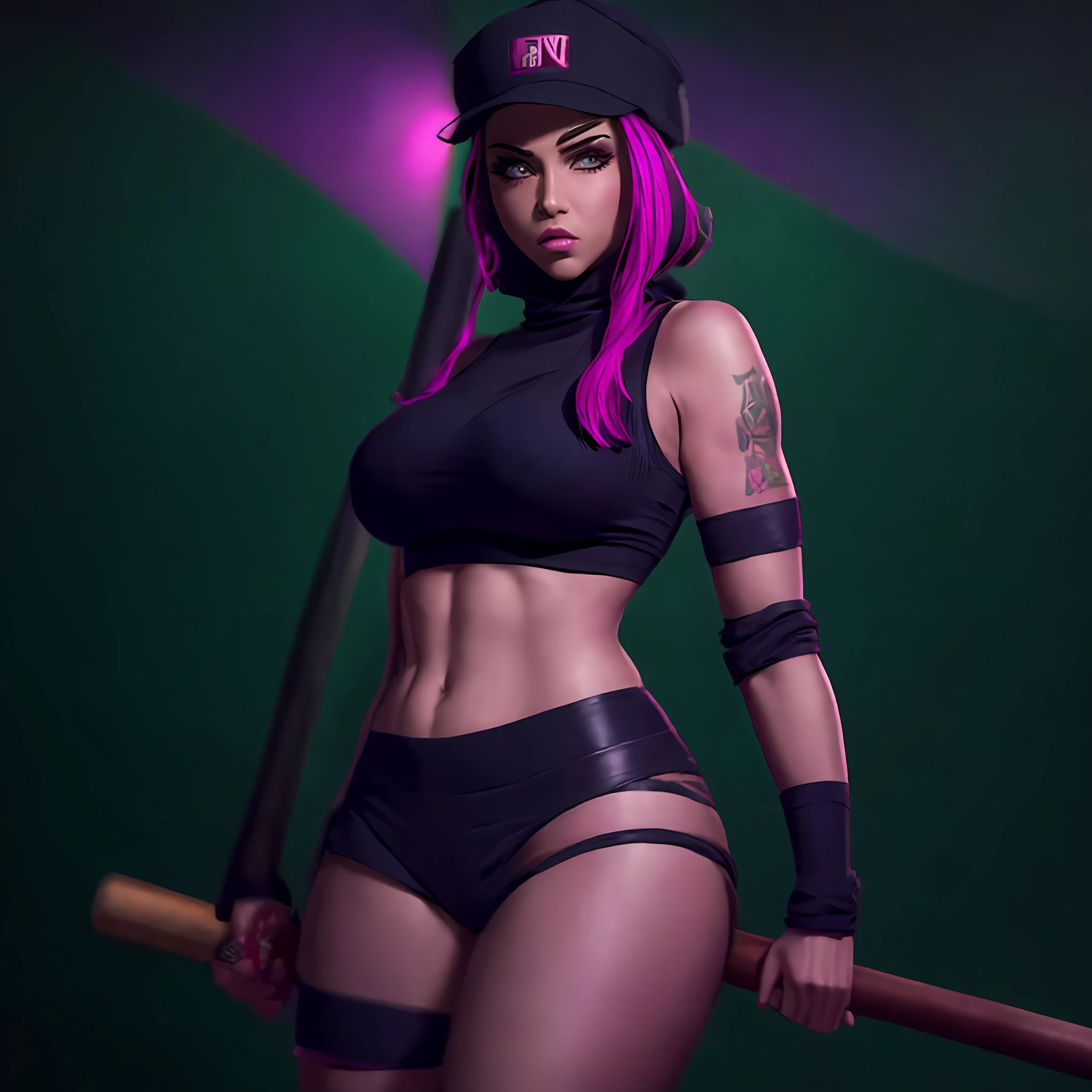 character, sensual pose, gangster woman with bandana covering her face and wearing a backwards cap, criminal woman, rapper, gang, big boobs, with long clothes, holding a baseball bat, big boobs, dangerous pose, green eyes, cartoonish, 4k, colorful, themed, unreal engine 5, correct measurements, perfect, ultra realistic --auto --s2