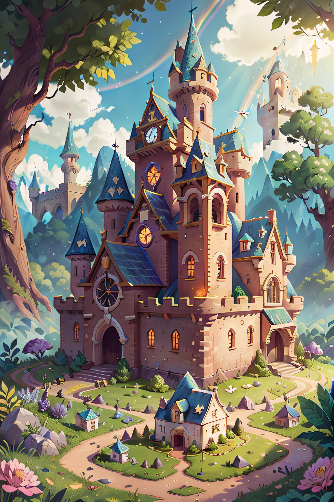 an enchanted castle made of gems on top of a hill, vivid color, rainbow in the sky, masterpiece, best quality, film grain, high resolution, realistic light, hd, highres, 16k, UHD, UHD background, ultra sharp backgrounds, detailed backgrounds, realistic backgrounds, realistic shadows, long shot