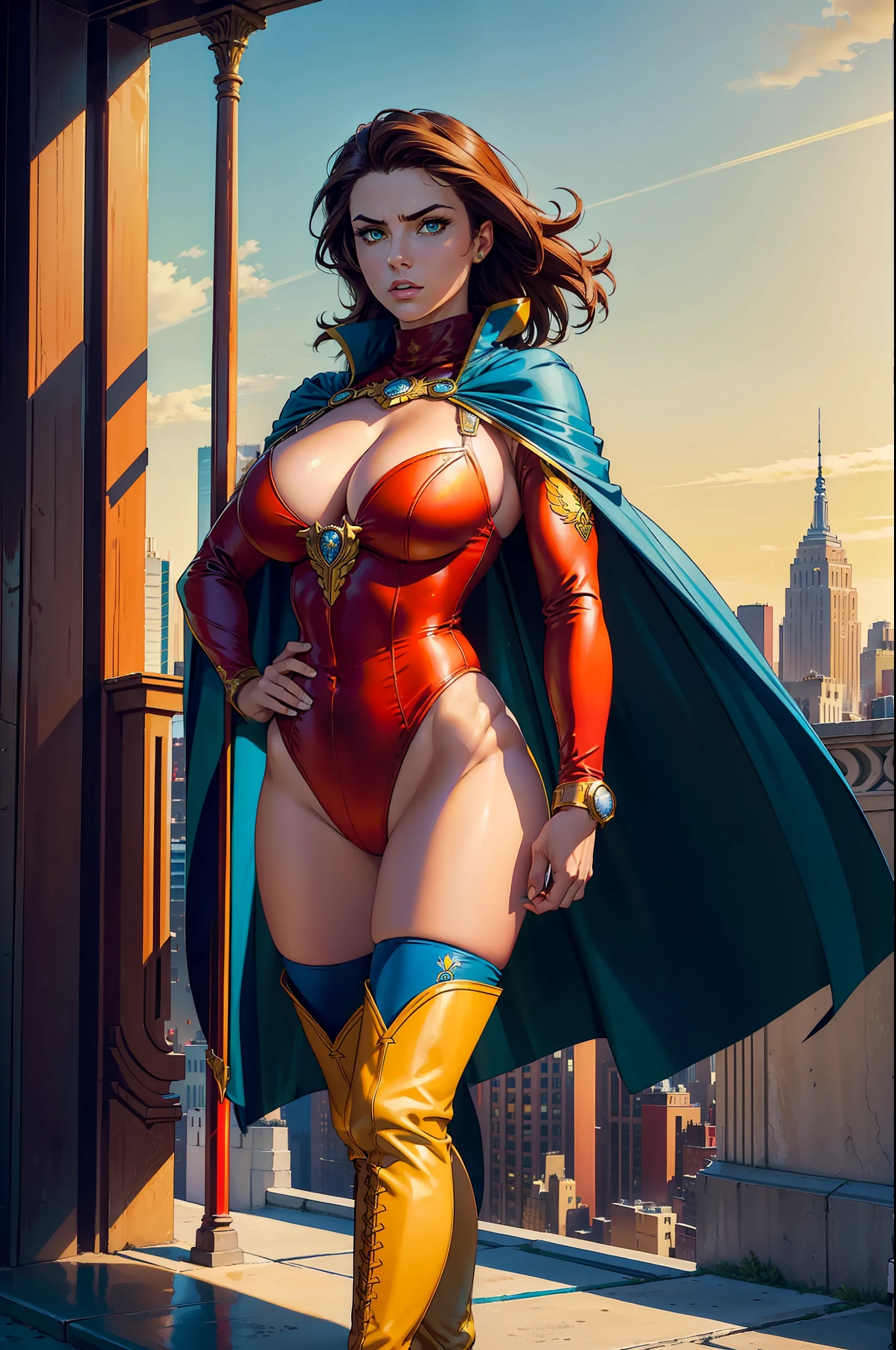 ((best quality)), ((masterpiece)), ((ultra realistic)), (dynamic heroic pose), american, beautiful detailed face, detailed eyes, sexy reporter, (red leotard), new york city backdrop, highly detailed, professional, bare legs, (full body costume design), hands on hip, standing, brown hair, medium hair, green eyes, matching boots, (long blue sleeves with red cuffs), (yellow hawk-shaped crest engraved on chest), blue cape, cowboy shot, (yellow thigh-high boots), cleavage cutout, turtleneck