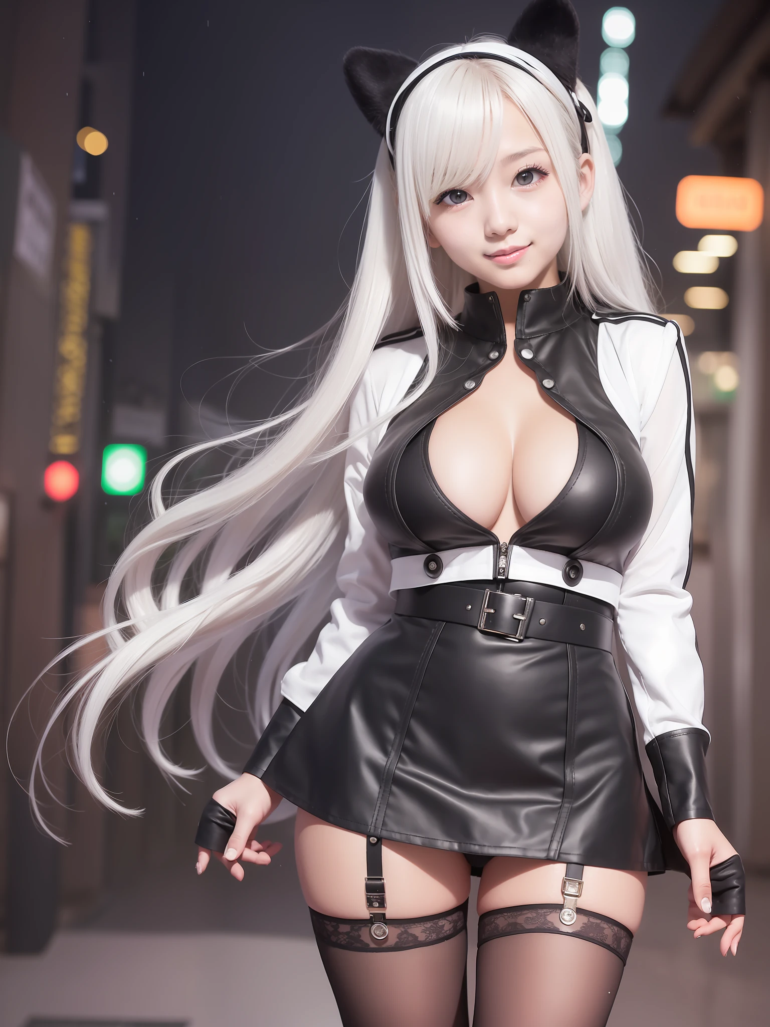 MitsuriKanroji, 1girl, solo, looking at viewer, standing, white belt, buttons, black shirt, cleavage cutout, white jacket, black miniskirt, lime thighhighs, smile, blurry background, night, fog, outdoors,