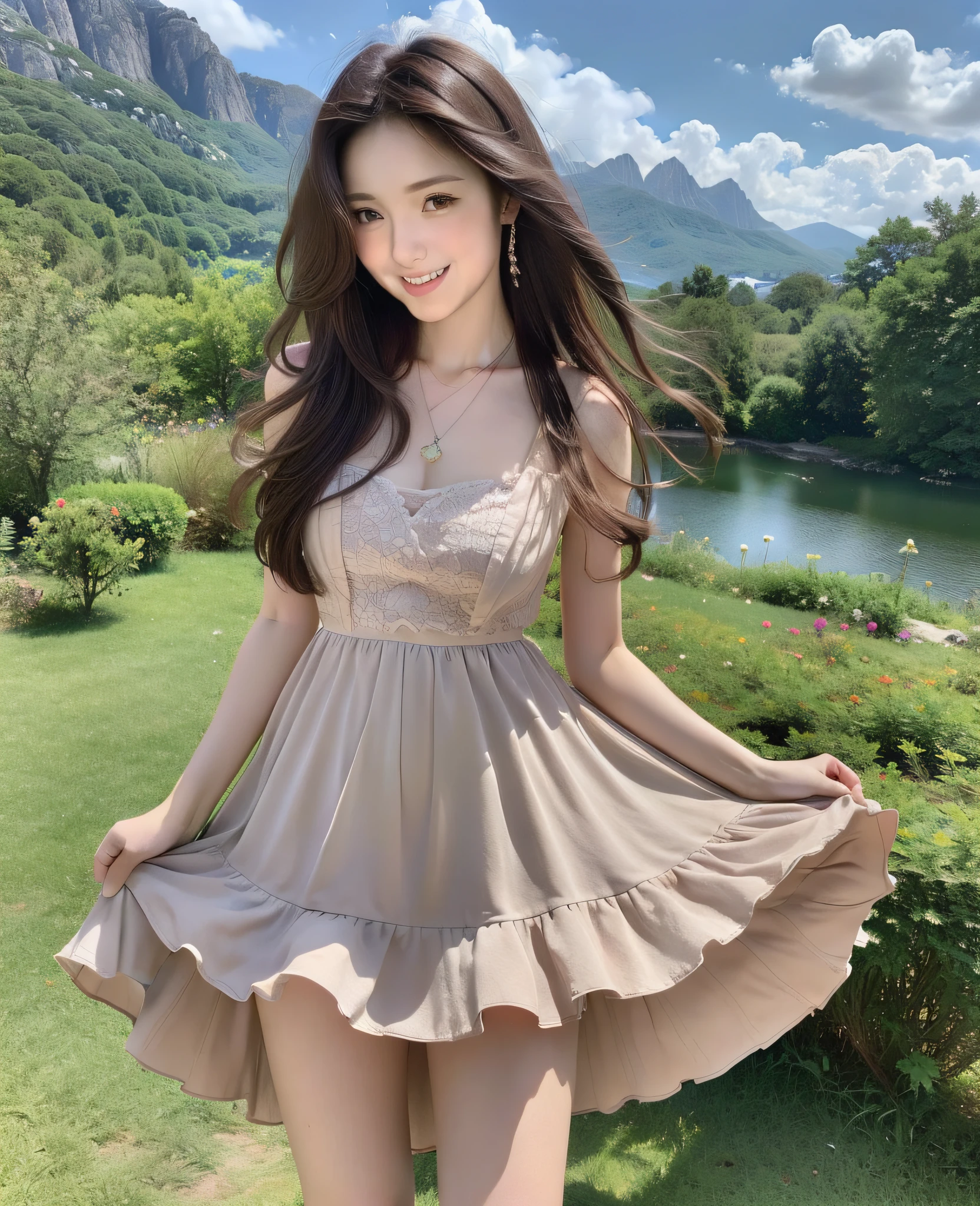 (Best quality, high resolution, Masterpiece: 1.3), a beautiful woman with a slender figure, (dark brown layered hairstyle), wearing a pendant, costume college girly style, white skirt, outdoors, scenic beauty, lakes and mountains in distant background, details in the face and skin texture beautifully presented, details in the eyes, (best quality, high resolution, masterpiece: 1.3), a beautiful woman with a slender figure, (dark brown layered hairstyle), wearing a pendant, white mid-skirt, outdoors, background random, details in the face and skin texture beautifully presented, detailed eyes, double eyelids, seductive laughter, feminine laughter, seductive pose, full body, slender legs,