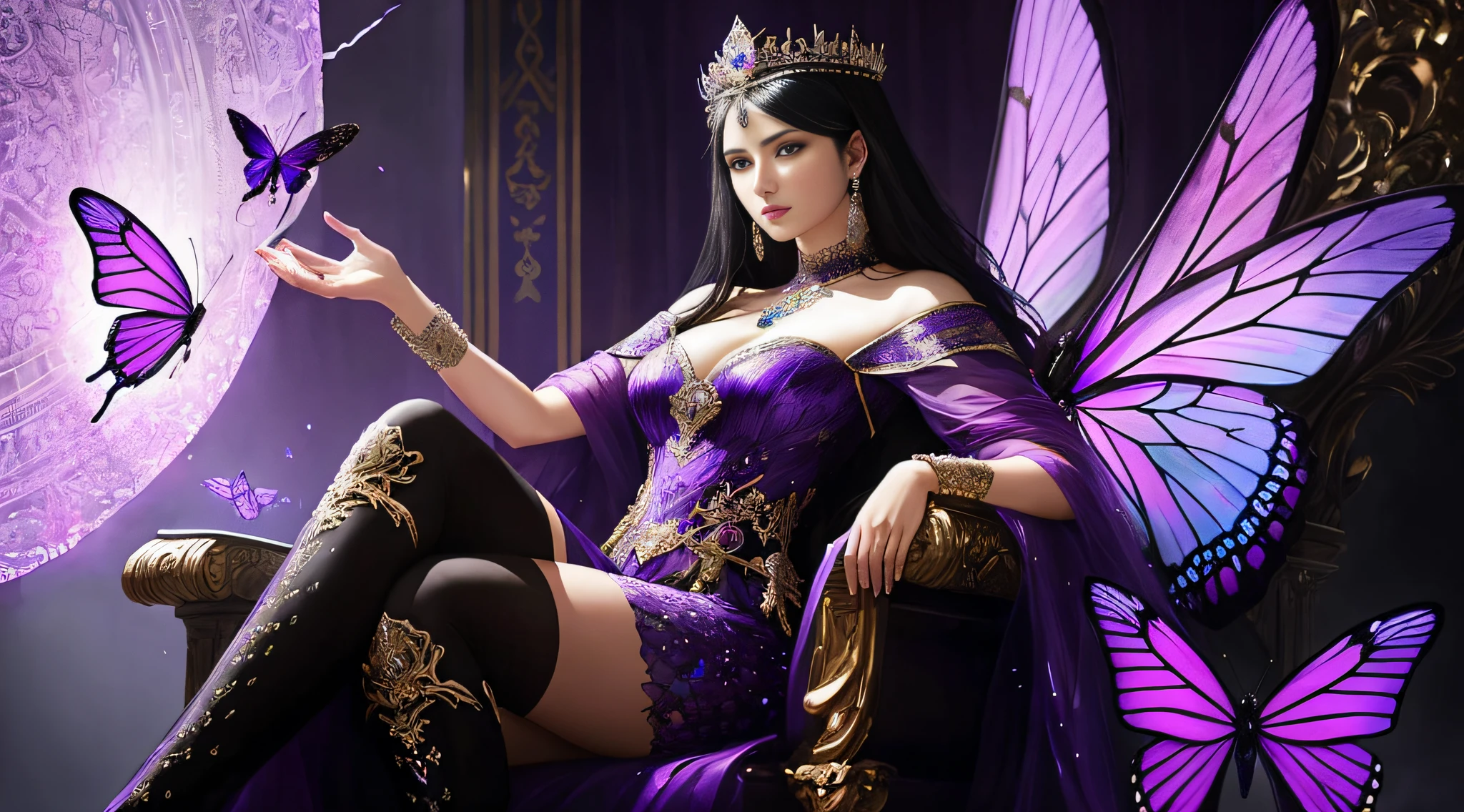 a Full body photo of a beautiful queen with black hair sitting a purple throne, 8k intricate, elegant, highly detailed, majestic, digital photography, art by Artgerm and Ruan Jia and Greg Rutkowski Surreal painting of purple butterfly filigree, broken glass (masterpiece, side lighting, beautiful finely detailed eyes: 1.2 ), hdr