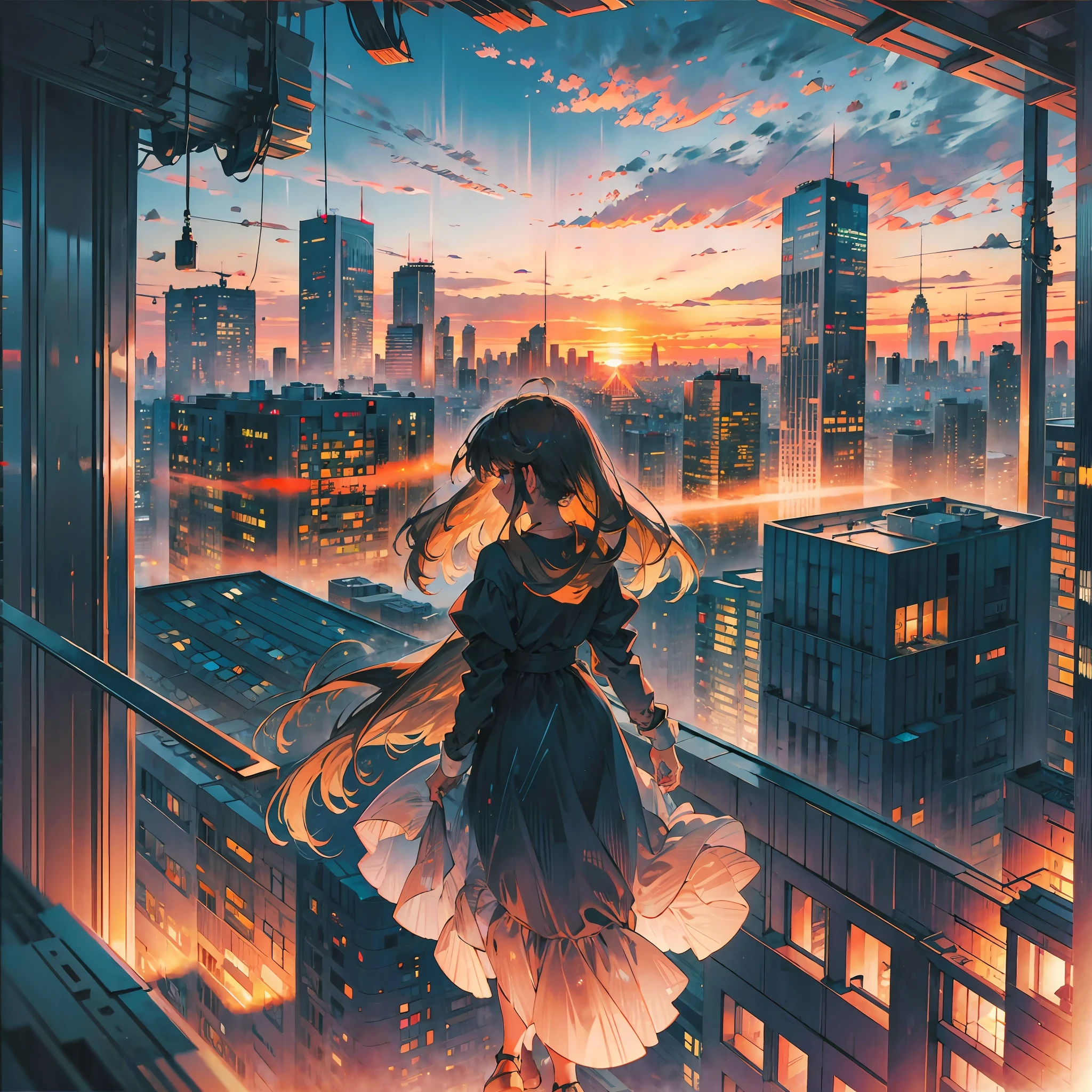 ((Focus on Vista + Sunset), Elegant Dress, Brunette Girl, Hazy + Distant City, Clouds in the Distance, Blurred Figures, Two-Dimensional Style AND Extreme Sunset, Distant City, Masterpiece Level, Small Scale Characters) --auto --s2