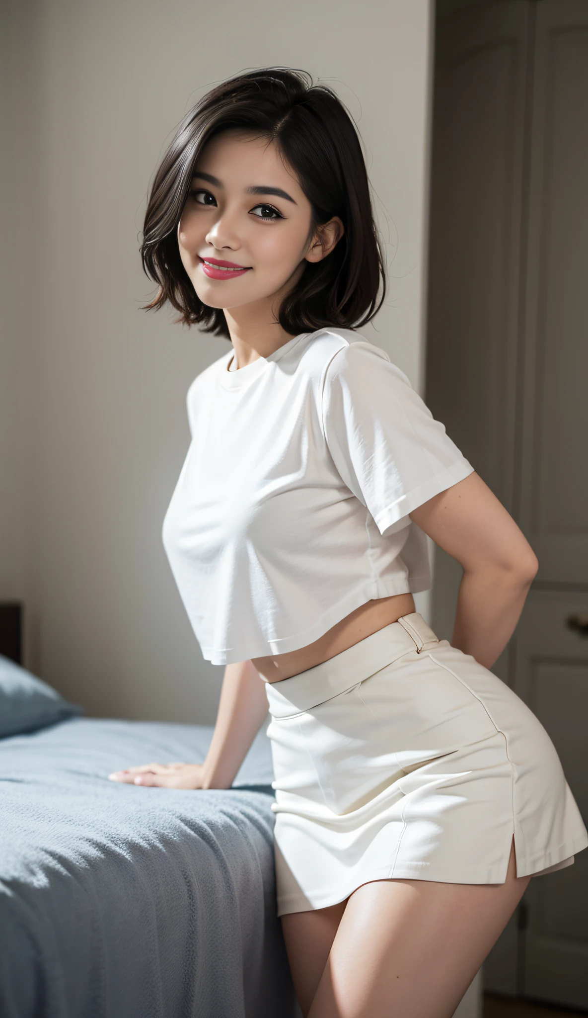 (8k, highest quality, masterpiece: 1.2), (realistic, photorealistic: 1.37), super detailed, beauty, cute, solo, standing, (smile: 1.15), (closed mouth), black hair, fine beautiful eyes, big, white shirt, (short hair: 1.2), skirt, floating hair NovaFrogStyle, room without windows, white background, no shadows, full body, smile, oblique face, Legs, arms, full head, people cropped, face lighting, dating sites