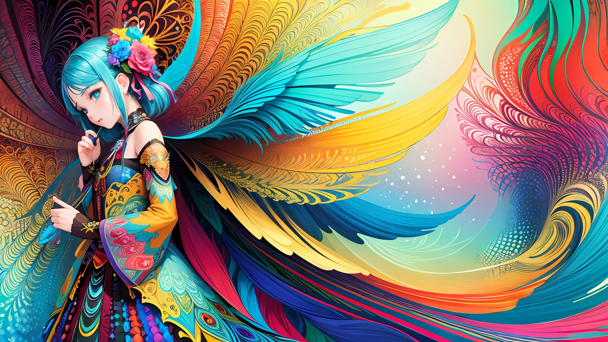 colorful flowers, feather, (masterpiece, top quality, best quality, official art, beautiful and aesthetic:1.2), (1girl:1.3), (fractal art:1.3),
