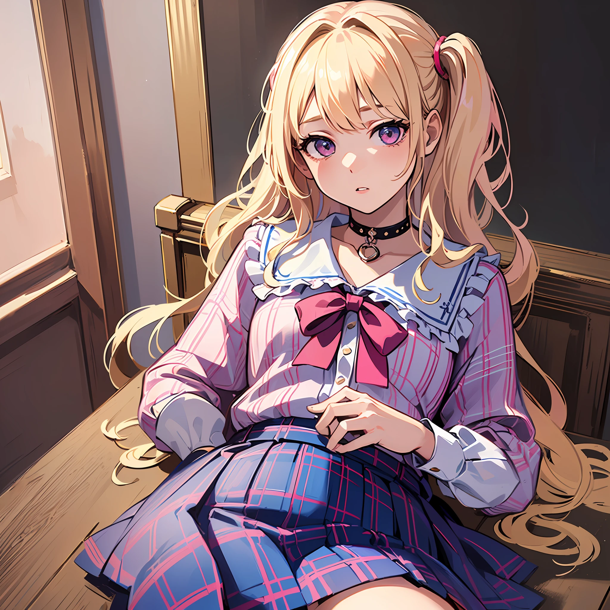 ((masterpiece), (top quality), (photo quality), realism, realistic, loli, high detail, 8k, blonde hair with pink locks, 1girl, full body, details, blue plaid skirt, white button blouse, choker, petite, --auto --s2