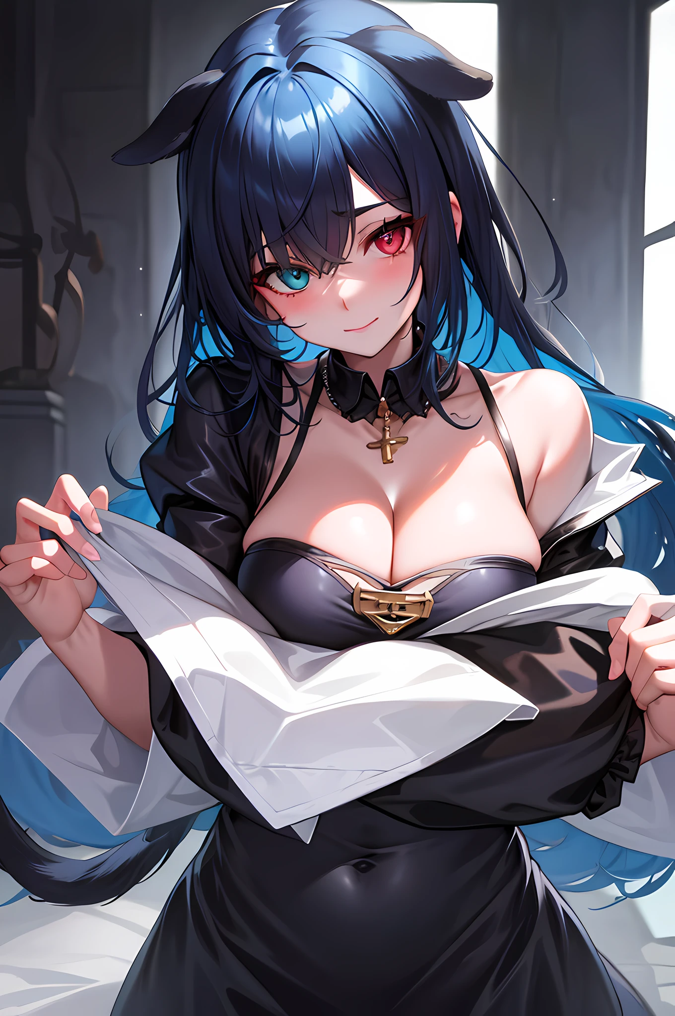 (hight quality: 1.2), (light:1.2), (gloss:0.5), ultra detailed fantasy, a detailed painting, 1girl, bangs, breasts,blue_hair, ((impossible clothes)), ((nsfw)),innocent female, ((cleavage)),puppy_girl, Folded_dog_ears, Fluffy_tail, eyebrows_visible_through_hair, formal, grey_background, light_smile, long_sleeves, looking_at_viewer,_medium_breasts,, 8k, clearly worked out detail, intricate, cinematic,heterochromia_eyes, on_a_leash (inugami korone)