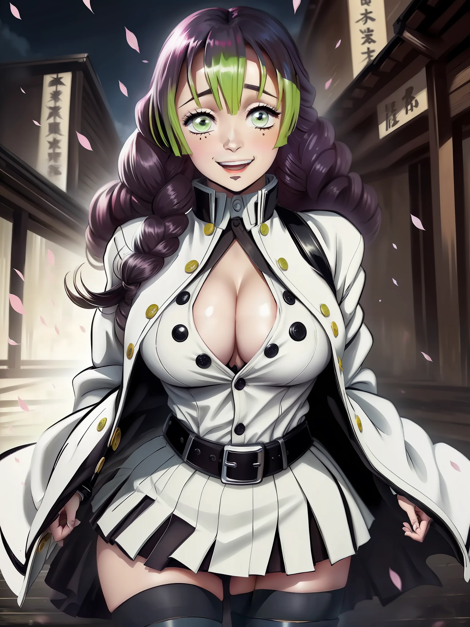 MitsuriKanroji, 1girl, solo, looking at viewer, standing, white belt, buttons, black shirt, cleavage cutout, white jacket, black miniskirt, lime thighhighs, smile, blurry background, night, fog, outdoors,