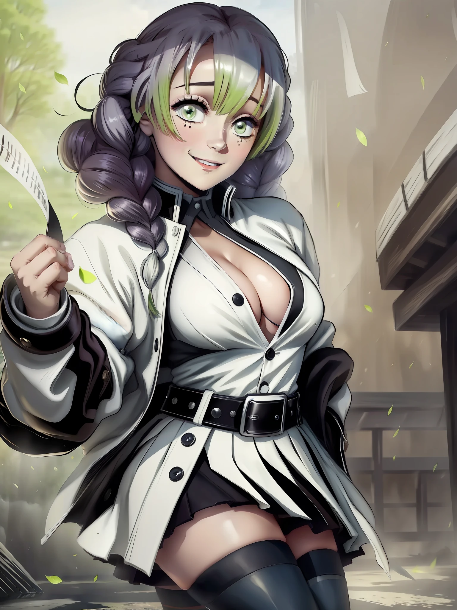 MitsuriKanroji, 1girl, solo, looking at viewer, standing, white belt, buttons, black shirt, cleavage cutout, white jacket, black miniskirt, lime thighhighs, smile, blurry background, night, fog, outdoors,