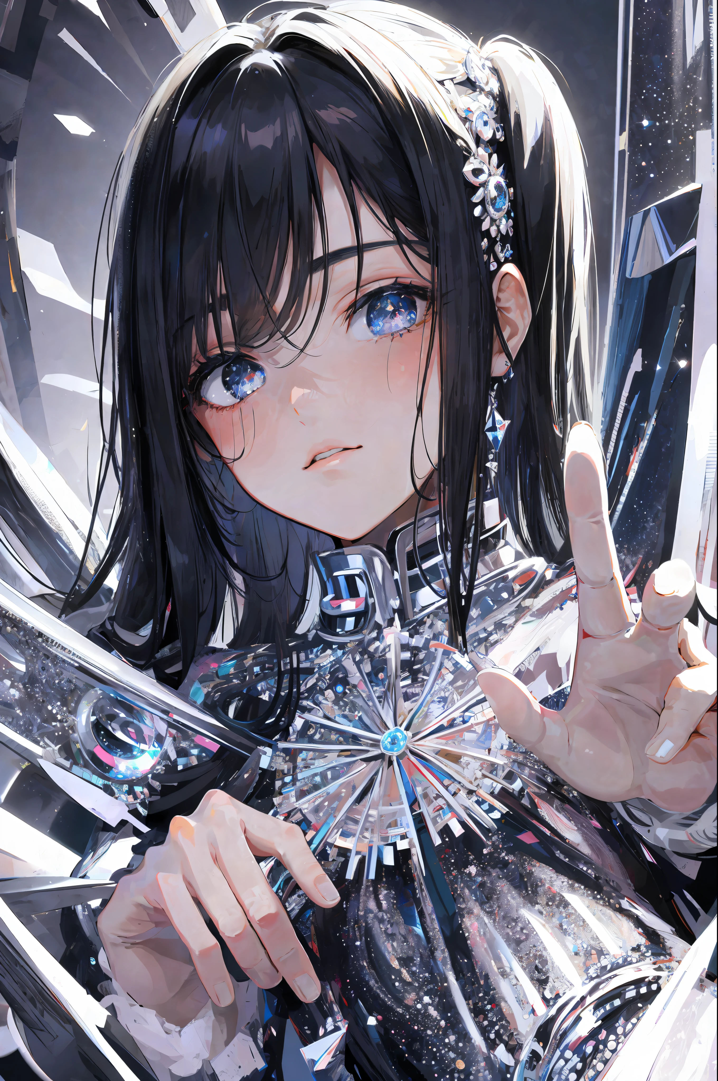 ((Masterpiece, Superb, Super Detailed, High Resolution)), solo, beautiful girl, sparkling eyes, perfect eyes, , black and white gold theme,