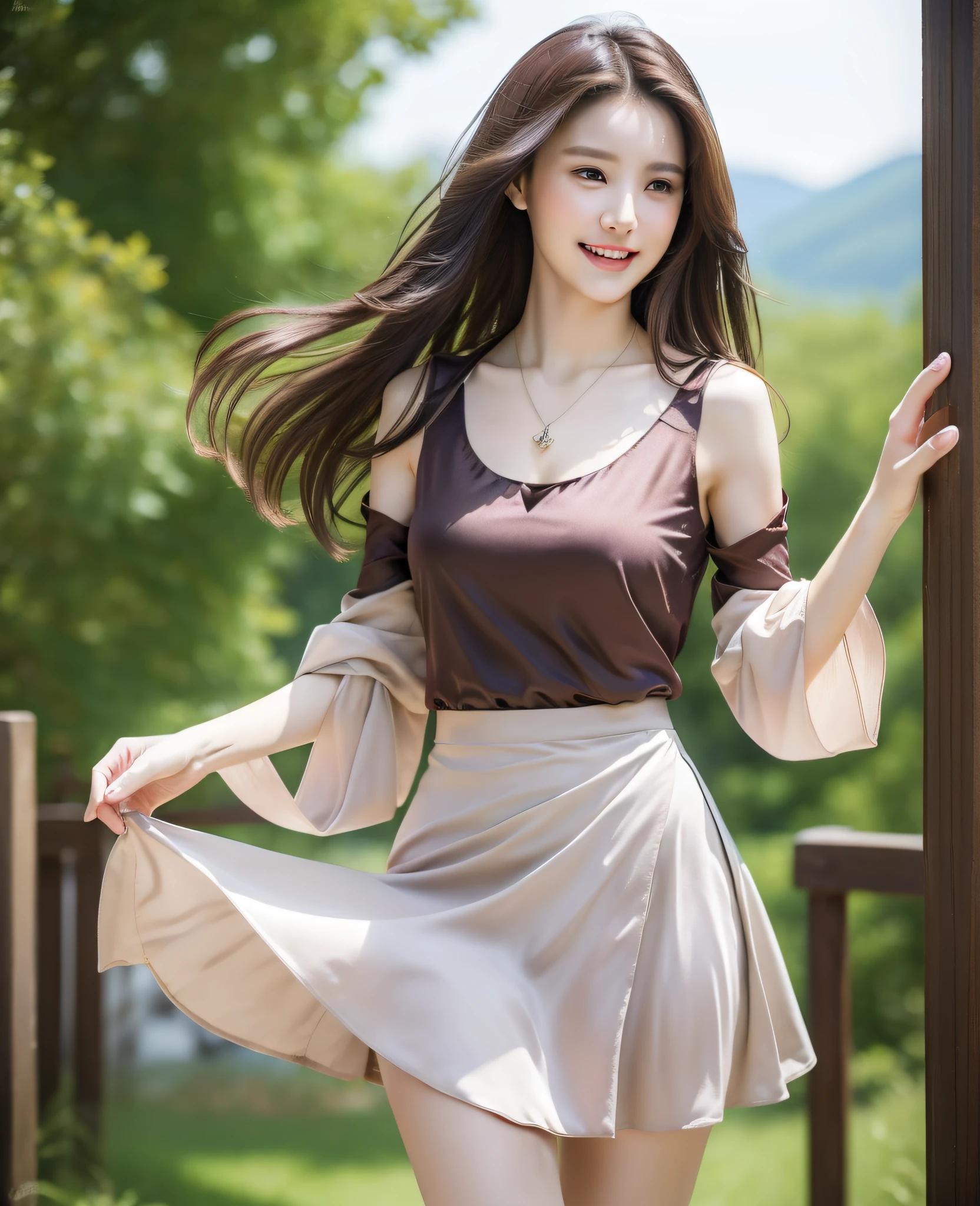 (Best quality, high resolution, 16K, Masterpiece: 1.3), a beautiful woman with a slender figure, (dark brown layered hairstyle), wearing a pendant, costume college girly style, white skirt, outdoors, scenic beauty, lakes and mountains in distant background, details in the face and skin texture beautifully presented, details in the eyes, (best quality, high resolution, masterpiece: 1.3), a beautiful woman with a slender figure, (dark brown layered hairstyle), wearing a pendant, white mid-skirt, outdoors, background random, details in the face and skin texture beautifully presented, detailed eyes, double eyelids, seductive laughter, feminine laughter, seductive pose, full body, slender legs,