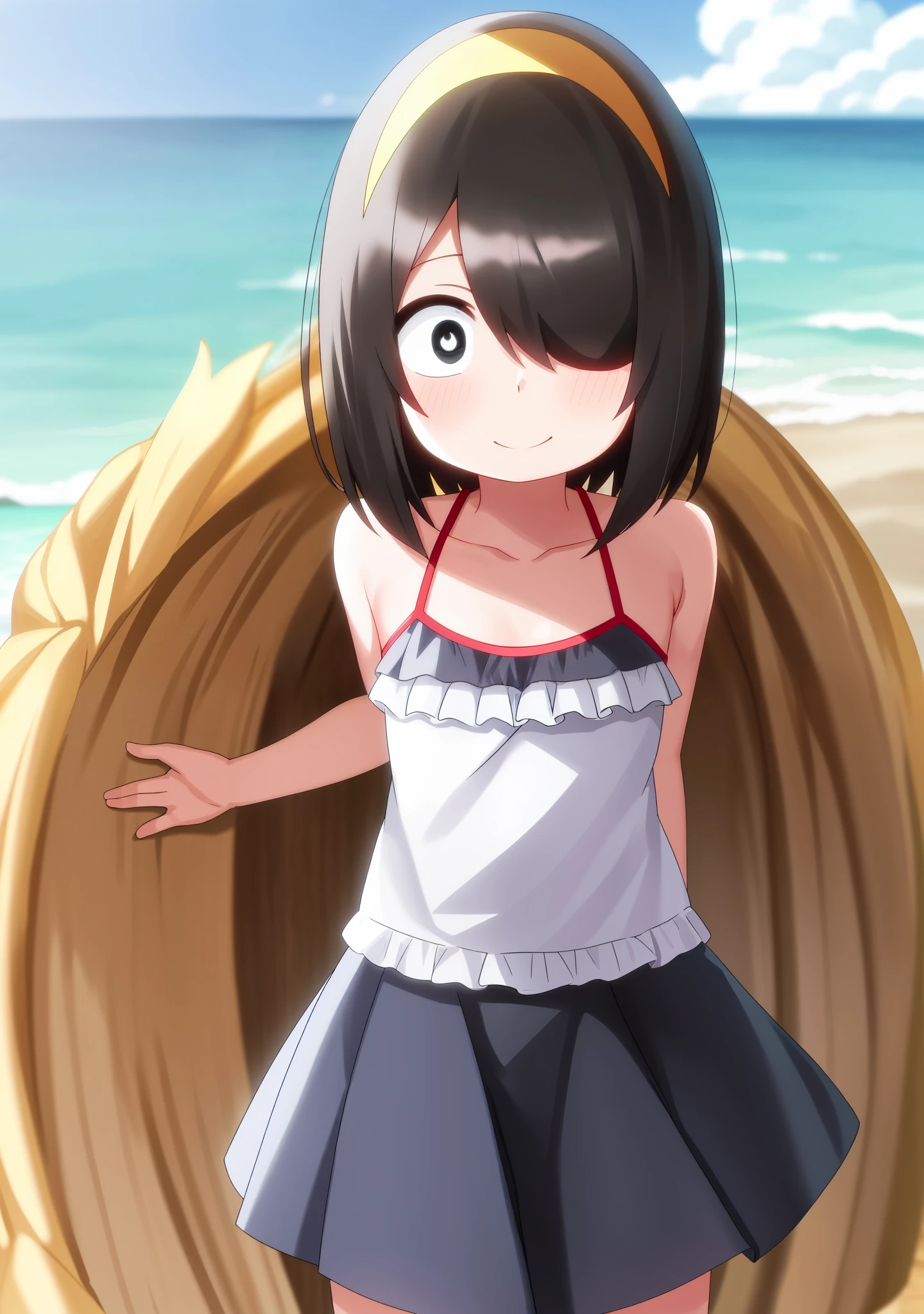 Nishimura akane, young, ,
((1girl)), ((solo)), short hair, black hair, black eyes, white pupils, smile, sand, beach, sea, sky, cloud, ((swimsut, looking at viewer, hair between eyes, cowboy shot)), facing viewer, yellow hairband, hair cover one eye, 1:5, shy, blush, cute pose, stocking, skull symbol,