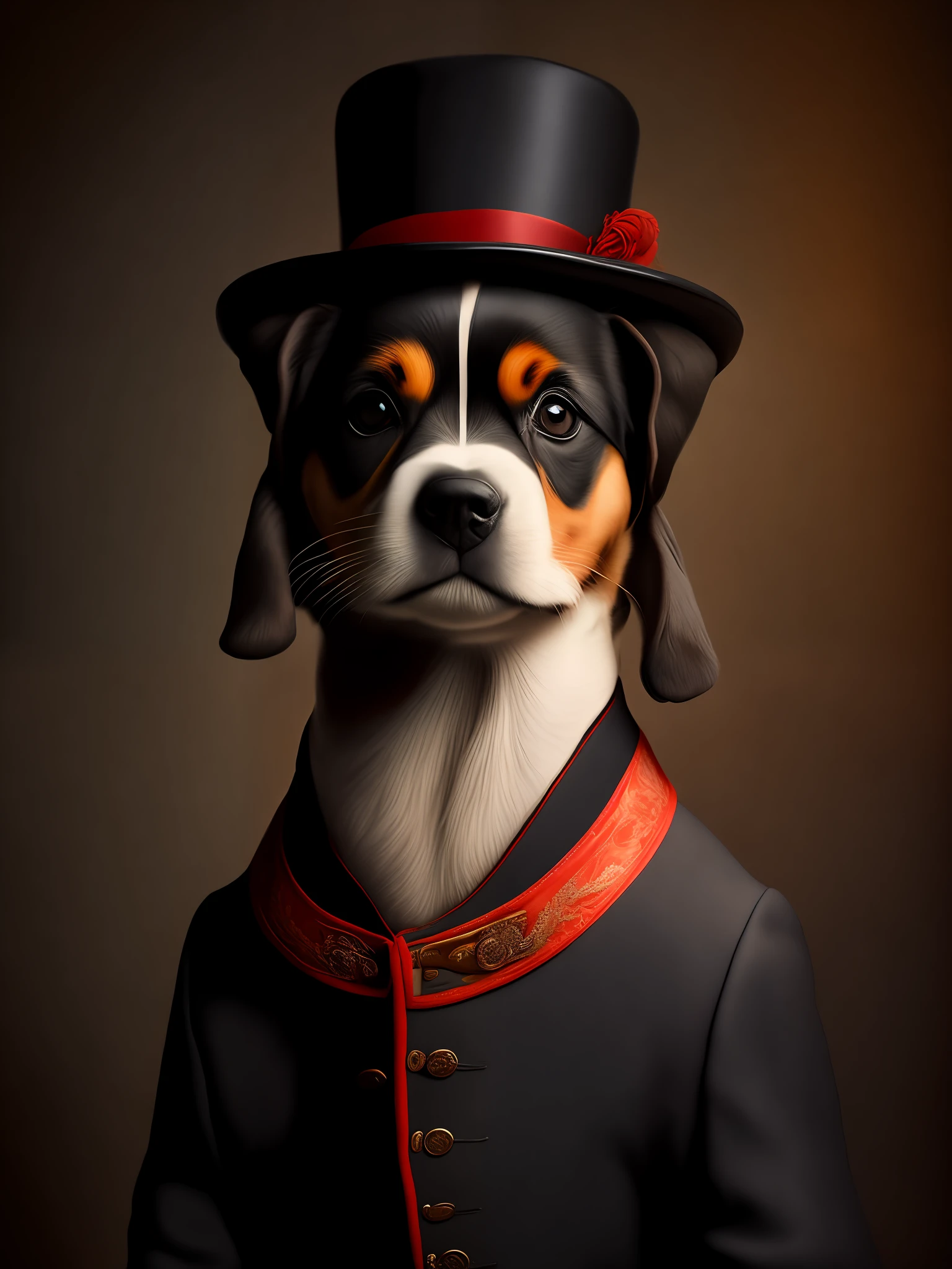 Portrait, cute puppy wearing beefeater clothes, low light, moody