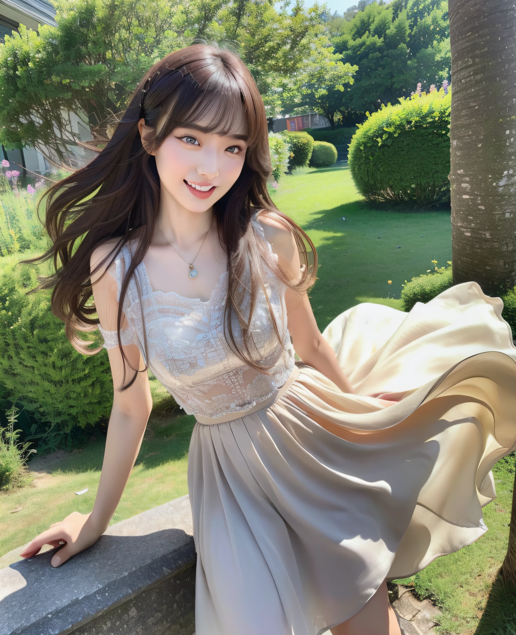 (Best quality, high resolution, 16K, Masterpiece: 1.3), a beautiful woman with a slender figure, (dark brown layered hairstyle), wearing a pendant, costume college girly style, white skirt, outdoors, scenic beauty, lakes and mountains in distant background, details in the face and skin texture beautifully presented, details in the eyes, (best quality, high resolution, masterpiece: 1.3), a beautiful woman with a slender figure, (dark brown layered hairstyle), wearing a pendant, white mid-skirt, outdoors, background random, details in the face and skin texture beautifully presented, detailed eyes, double eyelids, seductive laughter, feminine laughter, seductive pose, full body, slender legs,