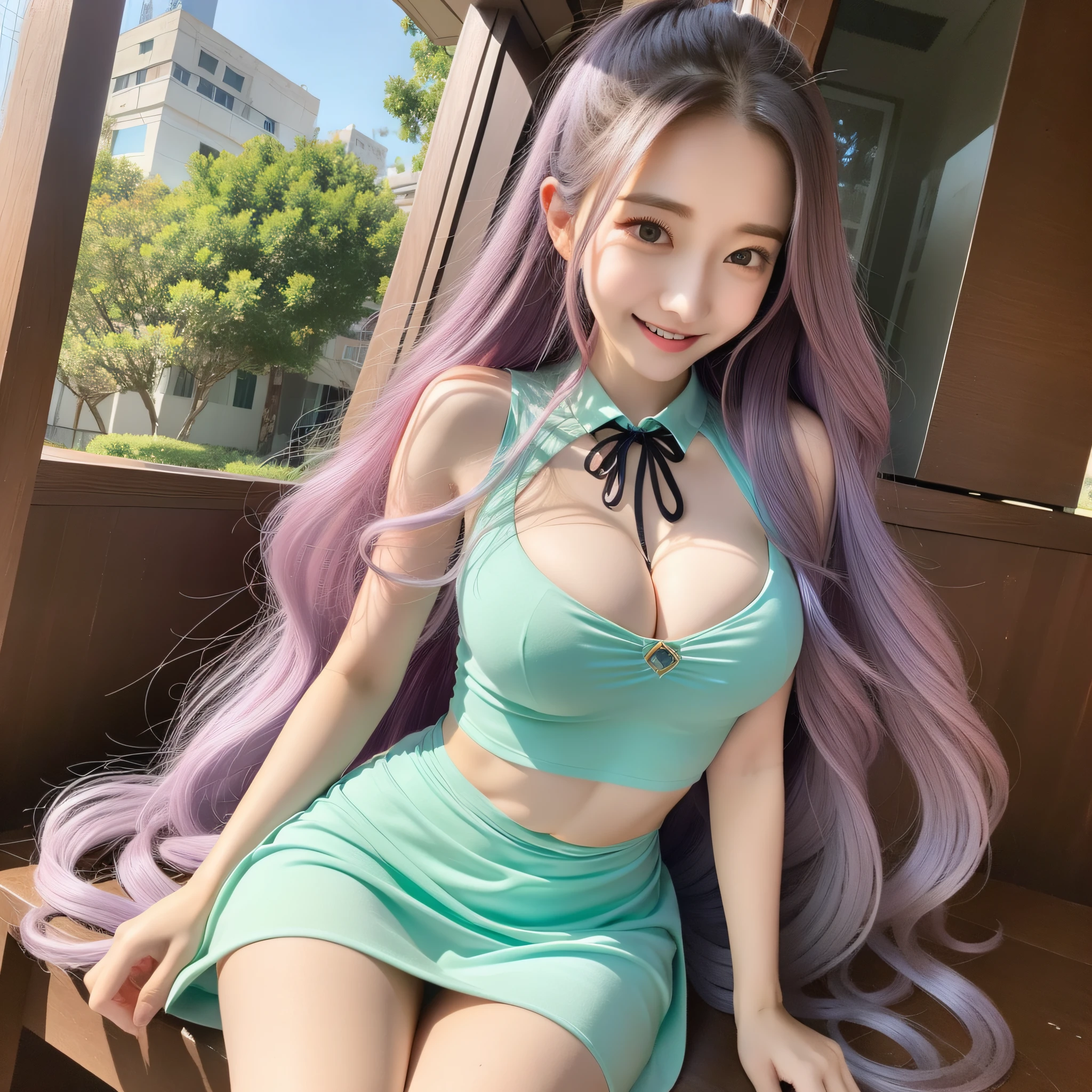 Senior girl, big breasts, long curly hair, gradient hair color, big eyes, long eyelashes, high nose bridge, aqua dress 1.4, slender abs: 1.1, school clothes, café, smile, playful