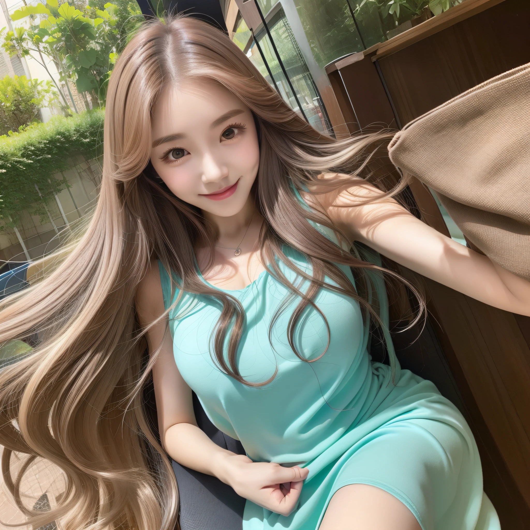 Senior girl, big breasts, long curly hair, gradient hair color, big eyes, long eyelashes, high nose bridge, aqua dress 1.4, slender abs: 1.1, school clothes, café, smile, playful