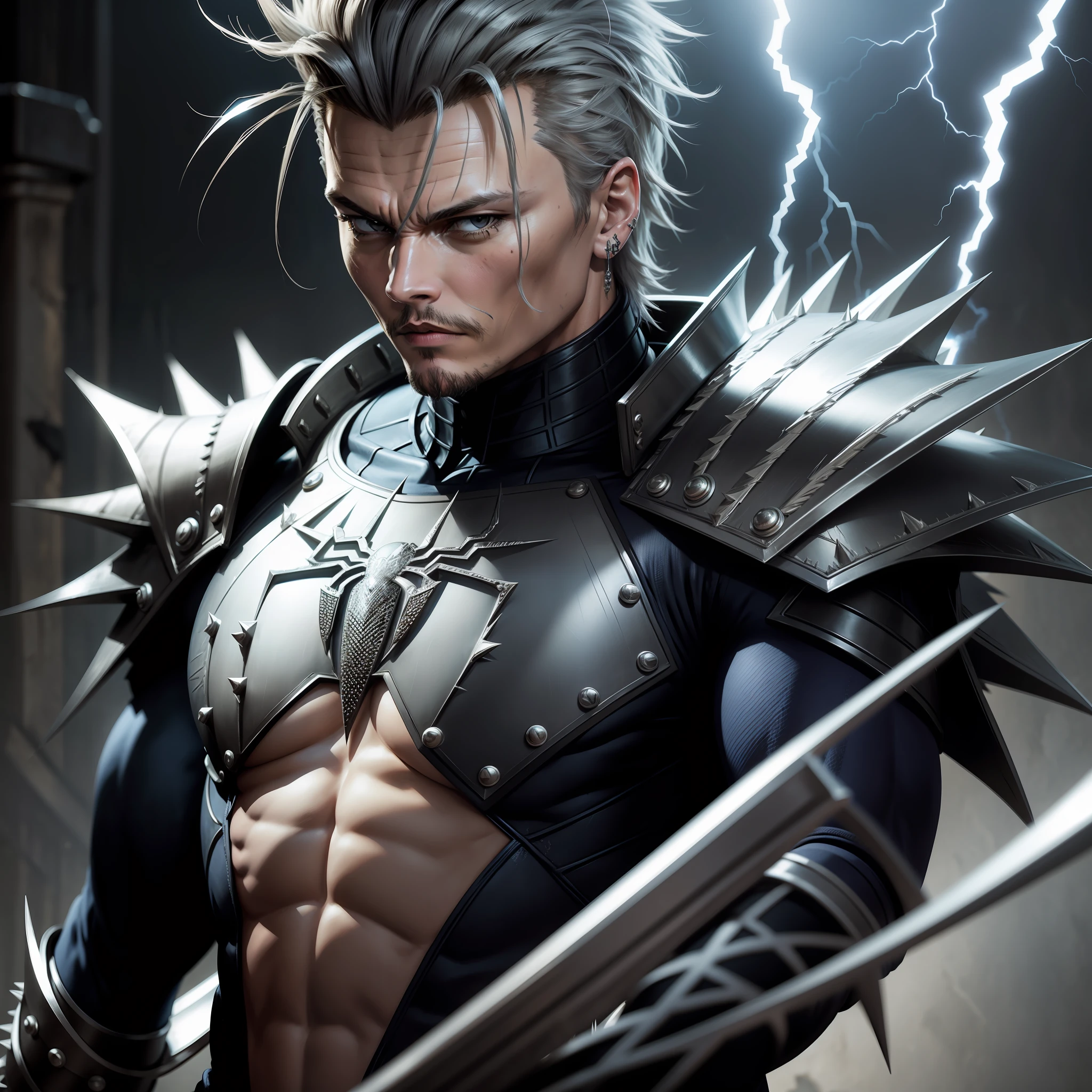 Johnny Depp, Black Spider-Man, Silver Shoulder Armor, Spiked Hair, Spiky Knuckles, Runaway, Lightning, Muscular, Top Quality, Masterpiece