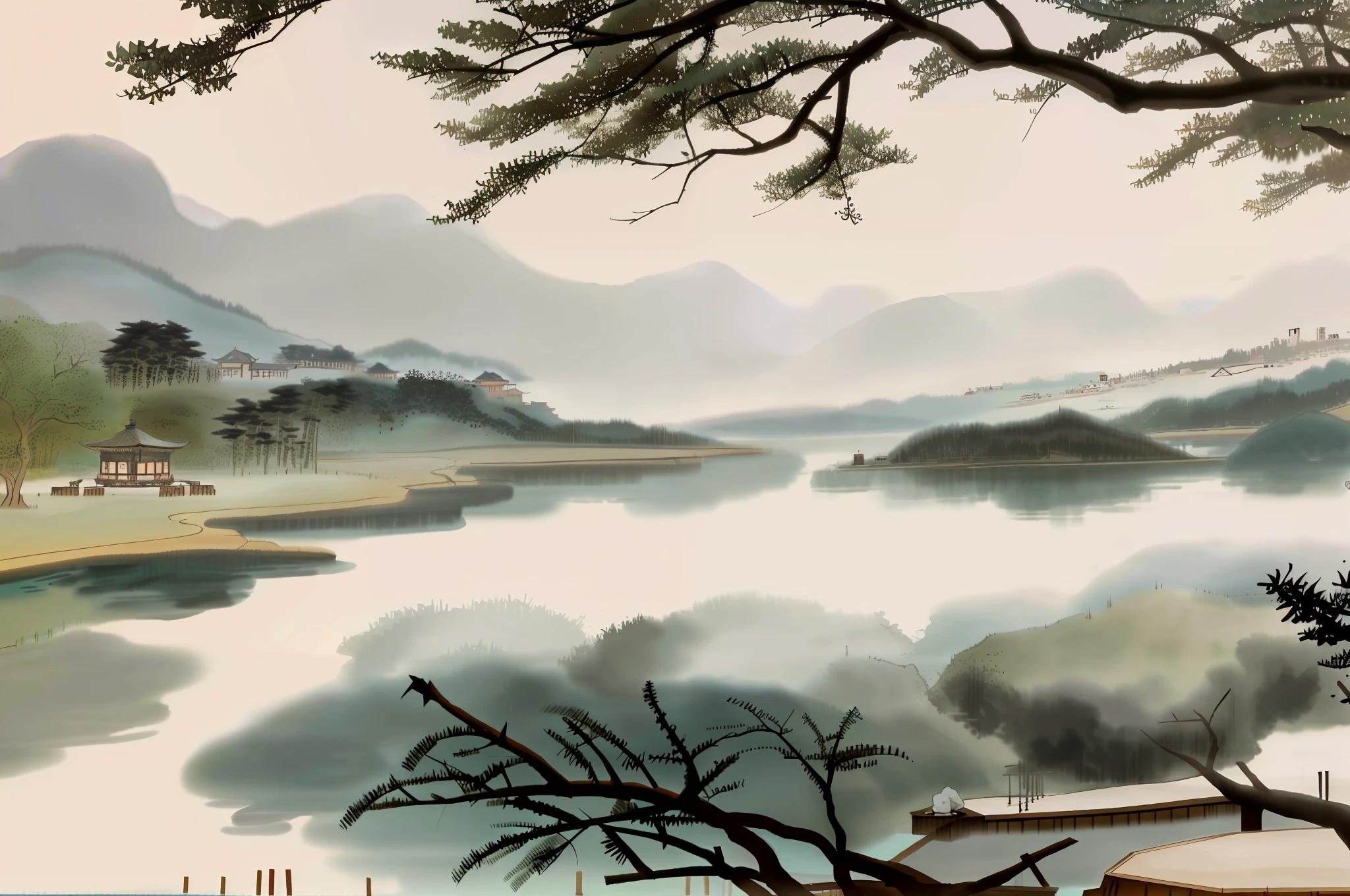 arafed view of a bridge and a lake in a foggy area, dreamy chinese town, chinese landscape, by Jiang Tingxi, by Shi Rui, ancient city of white stone, by Xia Yong, by Song Maojin, in a serene landscape, by Yang Weizhen, by Xu Xi, by Ma Yuanyu, by Sheng Maoye