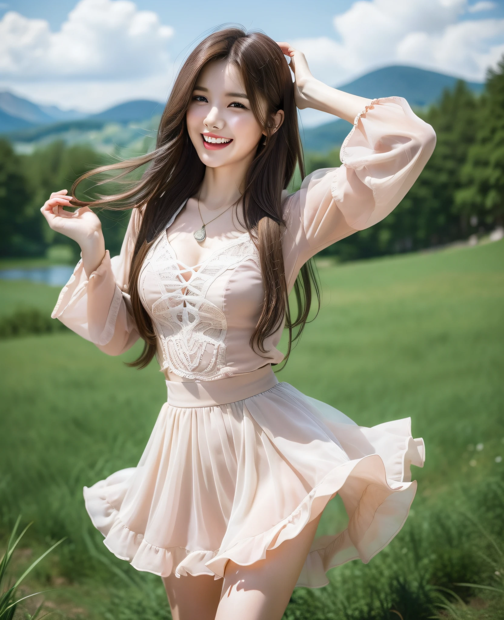 (Best Quality, High Resolution, 16K, Masterpiece: 1.3), Beautiful woman with a slim figure, (dark brown layered hairstyle), wearing a pendant, costume college girly, white skirt, mid-length skirt, outdoors, scenic beauty, lakes and mountains in distant background, background random, details in face and skin texture beautifully presented, detailed eyes, double eyelids, seductive laughter, feminine laugh, seductive pose, full body, slender legs,