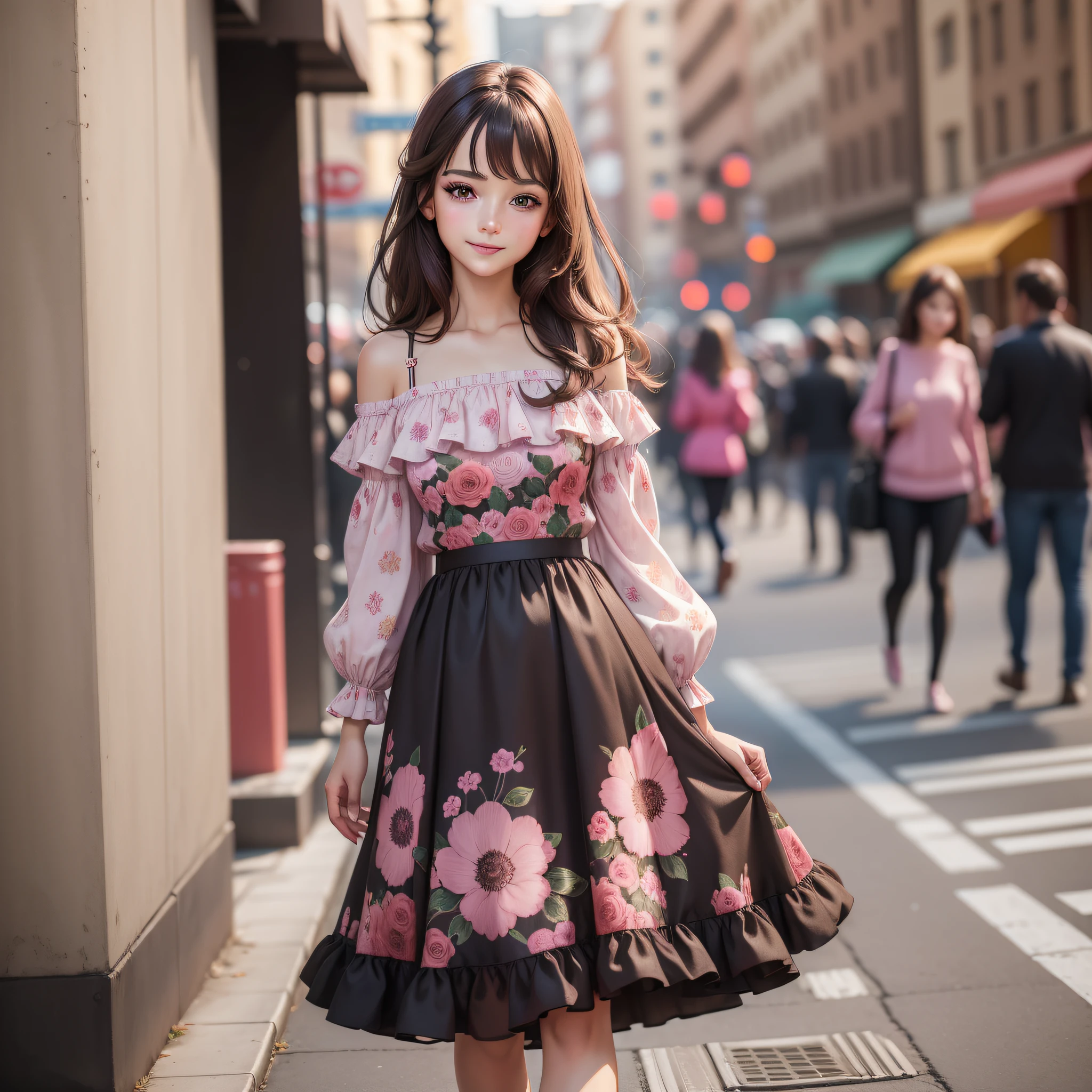 ((Best Quality, 8K, Masterpiece: 1.3)), 1 girl, smile, full body, slim face, pretty woman, (dark brown hair), full length pink floral dress :1.1, super detailed face, detailed eyes, double eyelids, blurred background, slim face, city, outside, street,