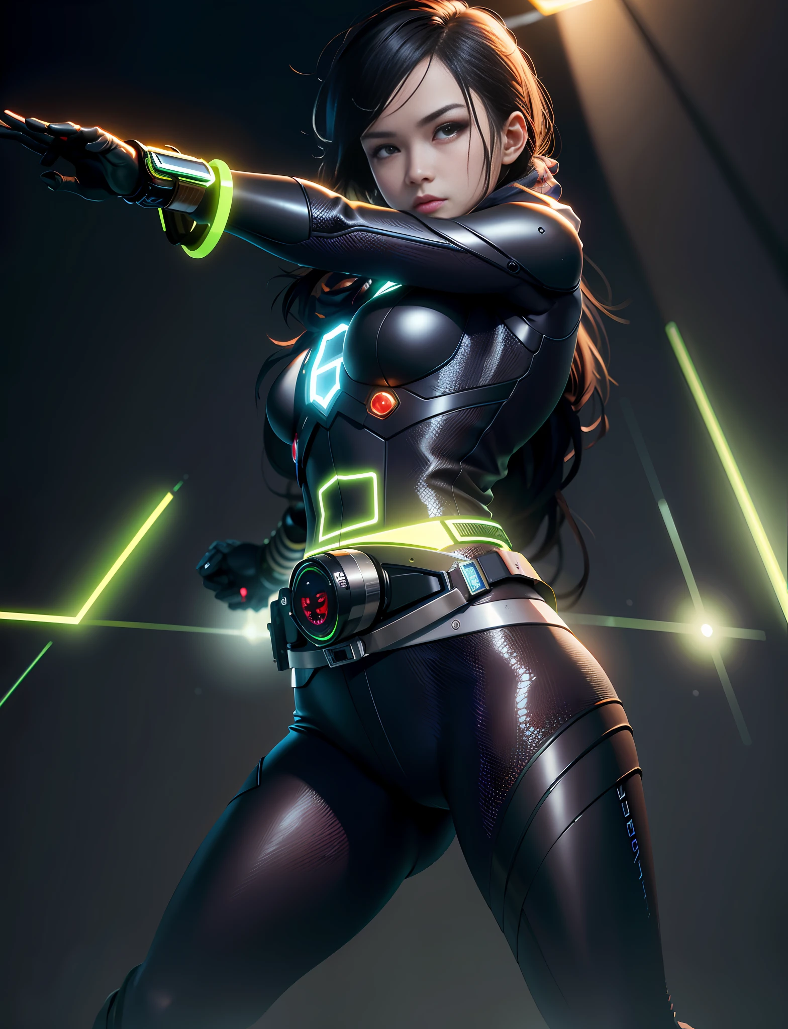 (best image quality)), (masterpiece)), (details: 1.4), 3D, 1girl, full body image, five fingers, arms, two legs, no weapons in hands, ((fingers straightened), image of young Japan woman in black cyber battle suit, ((long scarf red that follows the direction of the wind)), ((adds Kamen Rider's stainless steel mechanical belt at the waist)), HDR (high dynamic range), Ray Tracing, NVIDIA RTX, Super Resolution, Unreal 5, Subsurface Scattering, PBR Texturing, Post-Processing, Anisotropic Filtering, Depth of Field, Maximum Clarity and Sharpness, Multi-layer Textures, Albedo and Specular Maps, Surface Shading, Accurate Simulation of Light Material Interactions, Slender Body, Perfect proportions, sharp eyeliner, (full body)), sharp focus, two-tone lighting, wide aperture, low ISO, white balance, third rule, 8K RAW, circuit board AI, 4k, fog, night city background
