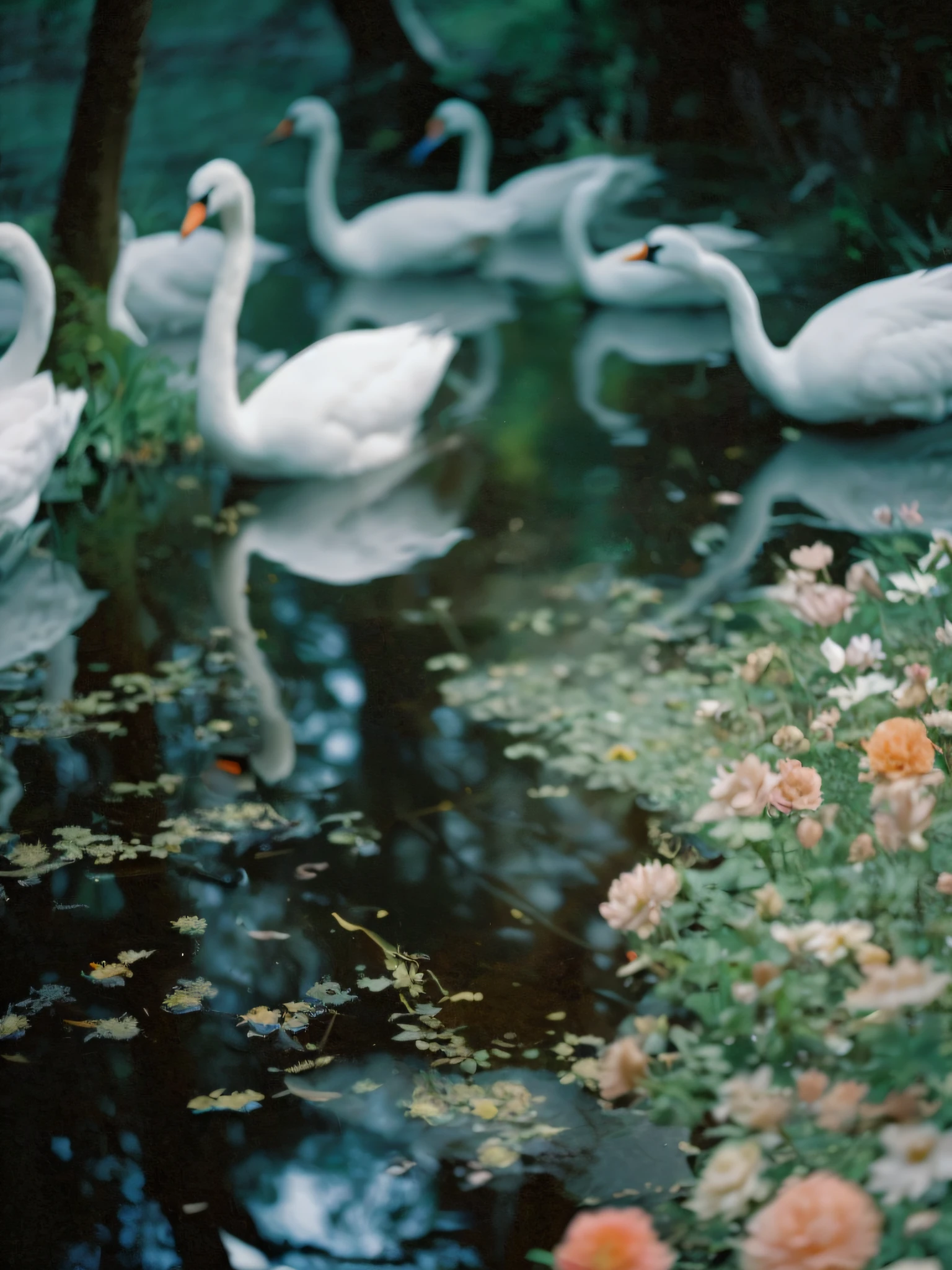 several white swans are swimming in a pond with flowers, swans, rinko kawauchi, peaceful and graceful, shot with a canon 35mm lens, taken with kodak portra, 2 5 mm portra, portra 8 0 0 ”, f 1.4 kodak portra, anna nikonova, swan, fuji pro 400h, photographed on colour film