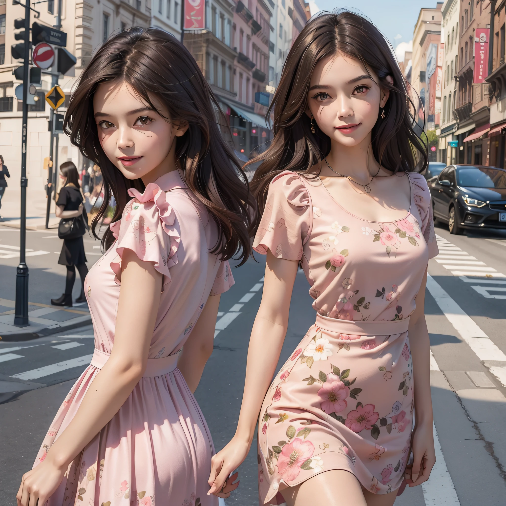 ((Best Quality, 8K, Masterpiece: 1.3)), 1 girl, smile, full body, slim face, pretty woman, (dark brown hair), full length pink floral dress :1.1, super detailed face, detailed eyes, double eyelids, blurred background, slim face, city, outside, street,