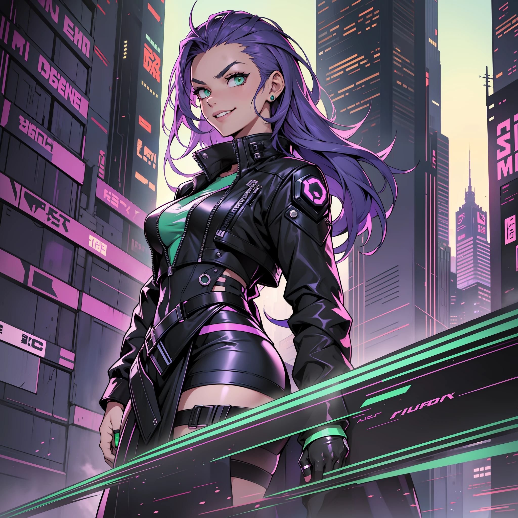 (Character design sheet, forehead, side, back, head, outfit), a girl, fearless young woman, violet hair, emerald green eyes, cyberpunk suit, advanced technology, black leather jacket, metallic skirt, high boots, cyber gloves, bold look, mischievous smile, arched eyebrows, rebellious character, technological ingenuity, loyalty to friends, futuristic world.