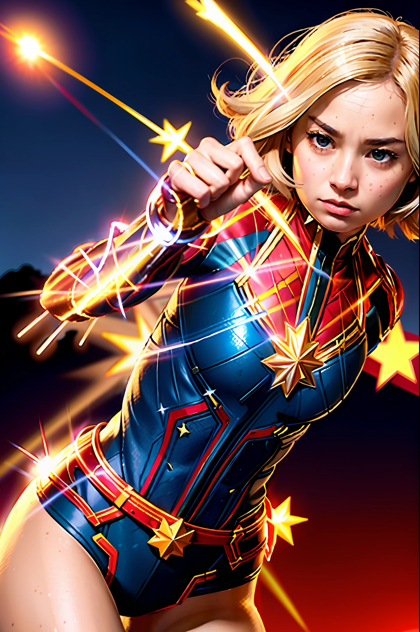 (((1 girl, cute, Captain Marvel outfit, blonde, short hair, Bob hair, hair parted sideways, blue eyes)))), (((blonde hair))), dynamic poses, manga style, depicting a group of characters in various action scenes, from intense battles to lighthearted moments, with dramatic lines of speed and bold sound effects, capturing the emotion and energy of the story,  energy in the hand, attack forward with the palm of the hand, realistic, Grand Canyon,