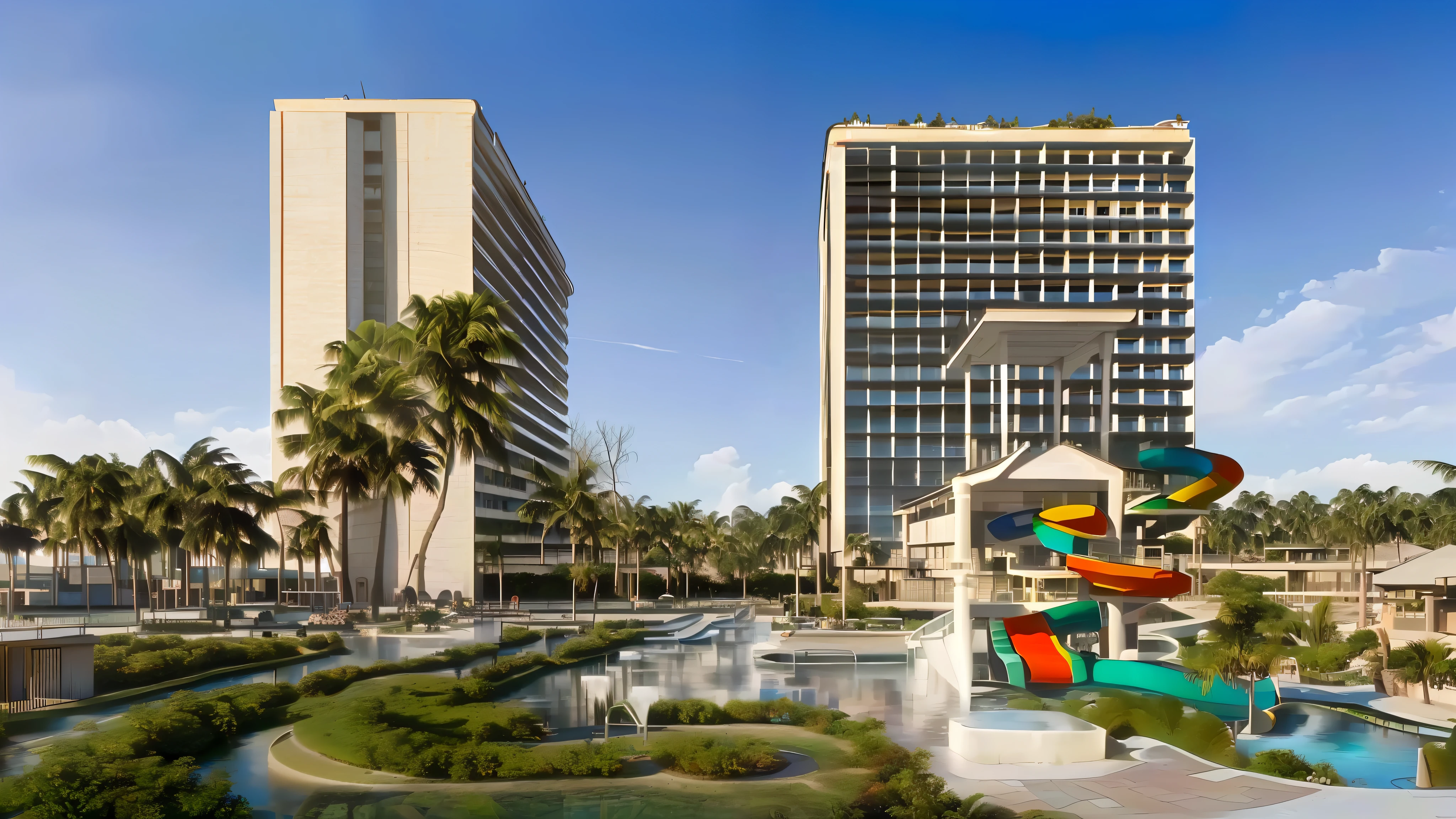 there is a water slide in the middle of a pool with a building in the background, water park, next to a tropical pool, full - view, exterior shot, view, resort, super high resolution, holiday season, environmental shot, barcelo tomas, beautiful high resolution, high - res, high-res, mid-view, mantra rendering, stacked image