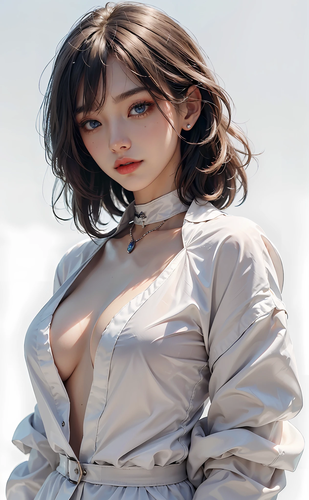 Top Quality, Ultra High Definition, (Photorealistic: 1.4), (Detailed Beautiful Girl: 1.4), (Medium: 0.8), looking_at_viewer, Detailed Facial Details, Beautiful Detailed Eyes, Blue Eyes, Slender, Unforgettable Smile, (Makeup: 0.3), Red Lips, Highly Detailed Clothes, (ulzzang-6500-v1.1: 0.3), Best Quality, White Skin, Real Human Skin, ( Detailed), Oval Face, Pore, Ultra High Resolution, (8k, RAW Photos, Photorealistic: 1.4), One Woman, Slim, (Gentle and Goddess-like Eyes) Happiness: 1.2), (Lip Gloss, Eyelashes, Clear Double, Transparent Eyes, Gloss Face, Top Quality, Ultra High Definition, Wide Lighting, Natural Shading), Random Outfit, Oversized jacket, fashion shirt, white background, light background, big breasts, gloss on chest, gloss on face, gloss on skin, glossy skin, fresh breeze, straight hair, short bob hair, bangs, long neck, choker