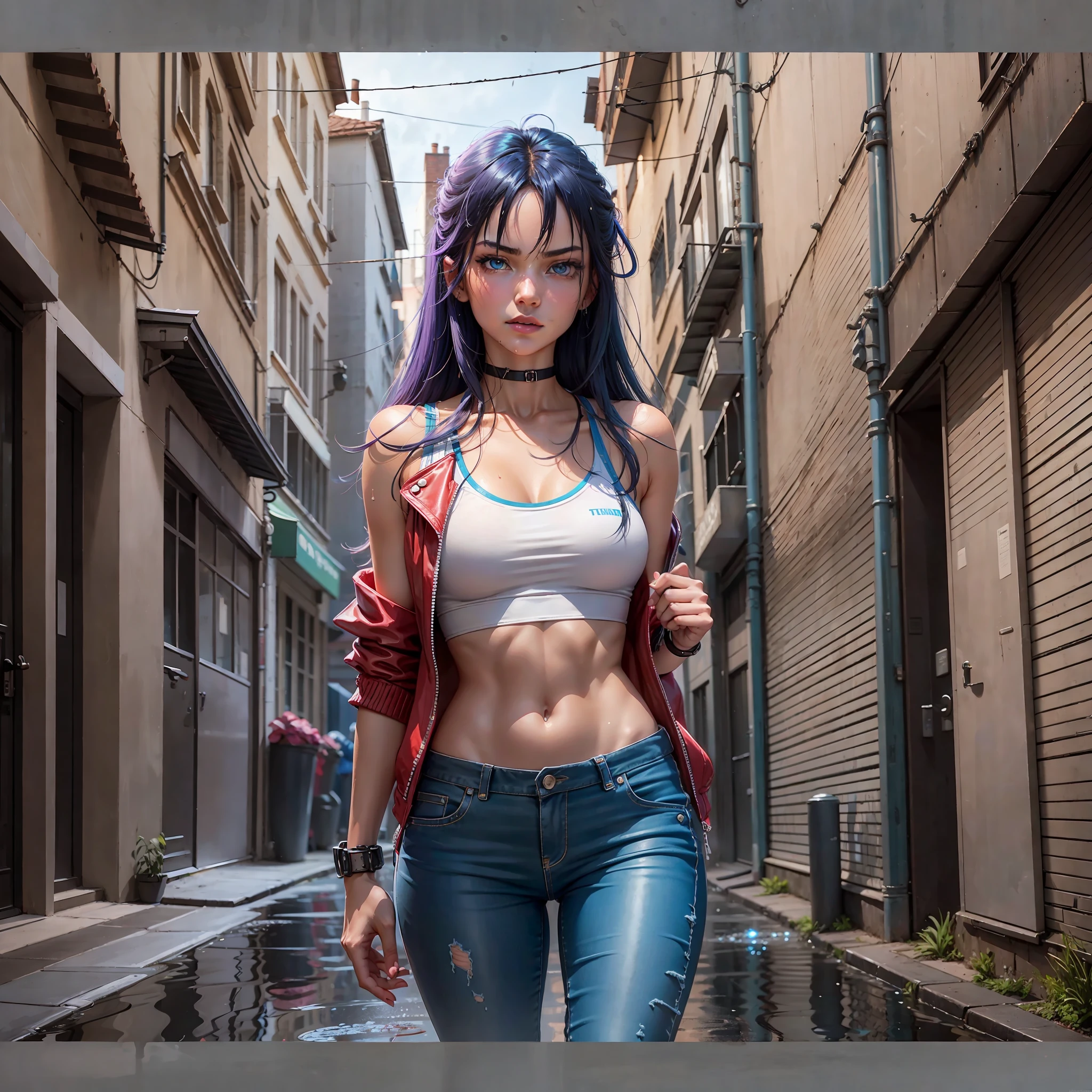 Neon light, wet street, reflection in the puddle, smoke, alley, cat, high pole, expensive in the background. A young woman walks standing out from the rest of the scene. Focused gaze on the camera, staring, looking fitme. Black hair, lilac stirs, short with fringes, bright blue glow in the hair. Light shadow on the left part, on the auture of the leg. Thin leg turned. Jeas pants ragada on the jielho, on the thigh, jacket ((Terry Borgat)) ((Fatal Fury)). Flat chest flat, small prite, white tank top. Honey eyes,HDR, realistic, realistic, v3. luxury makeup, high class. Mouth fleshy, bulky, scarlet red. ((crimson red all-star tennis))> 1.1. V2. Dogital. Game style XTXz, ATX, 16x 8K, 1850 ti. New generation. --auto --s2