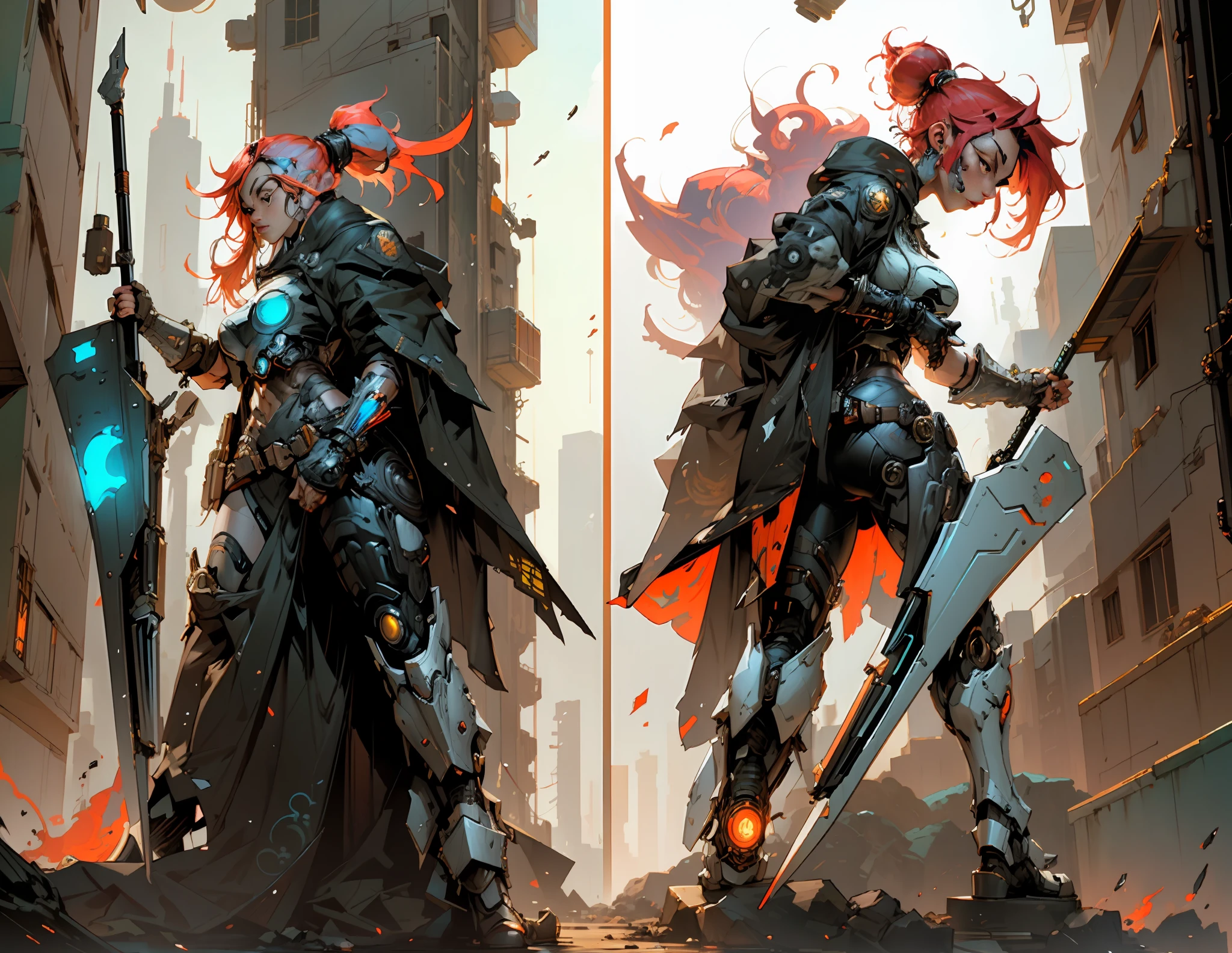 Female Warrior, Comic Book Style, Cyborg, Cyberpunk, Game Design, Character Design, Concept Design, Front and Reverse Views of the Same Character