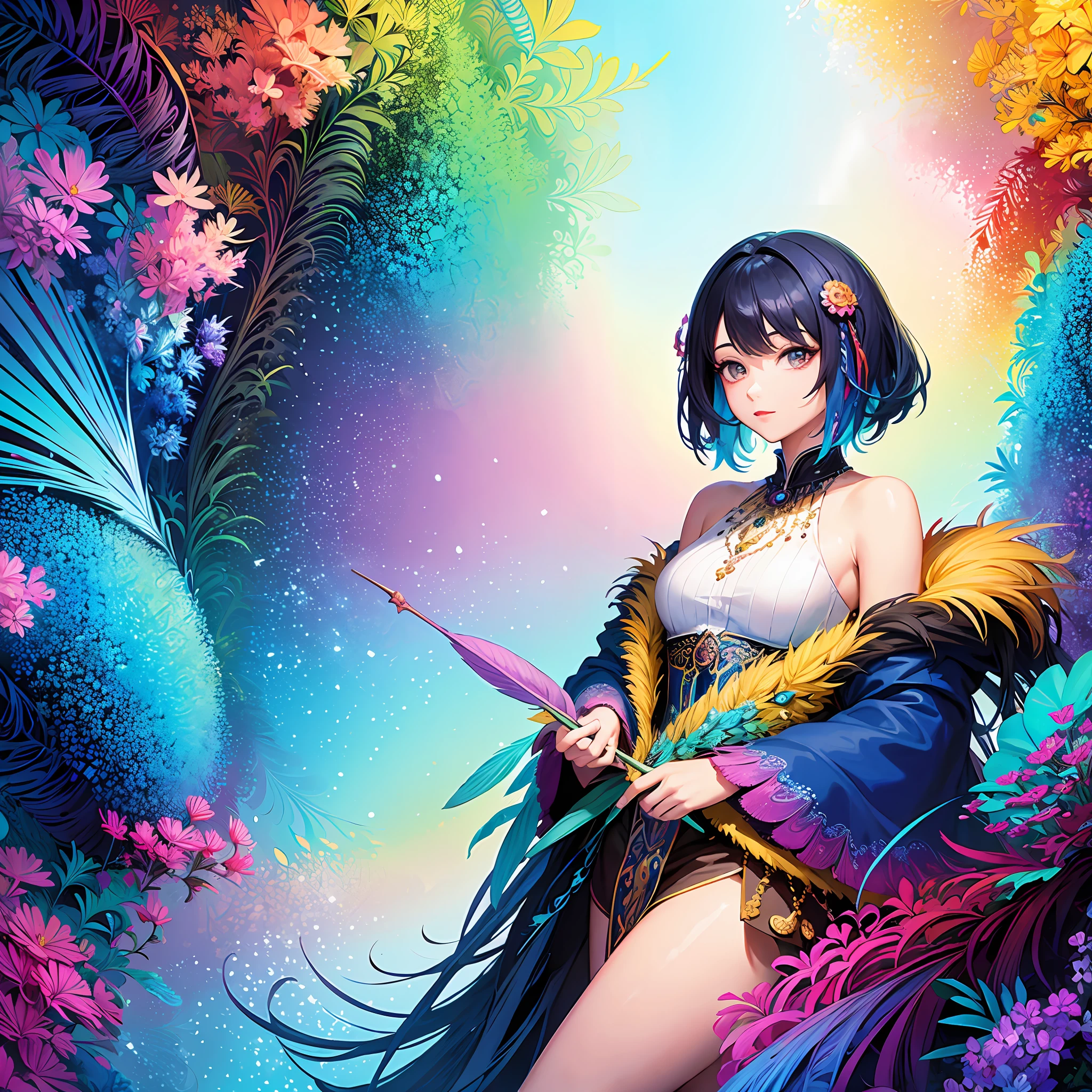 colorful flowers, feather, (masterpiece, top quality, best quality, official art, beautiful and aesthetic:1.2), (1girl:1.3), (fractal art:1.3),