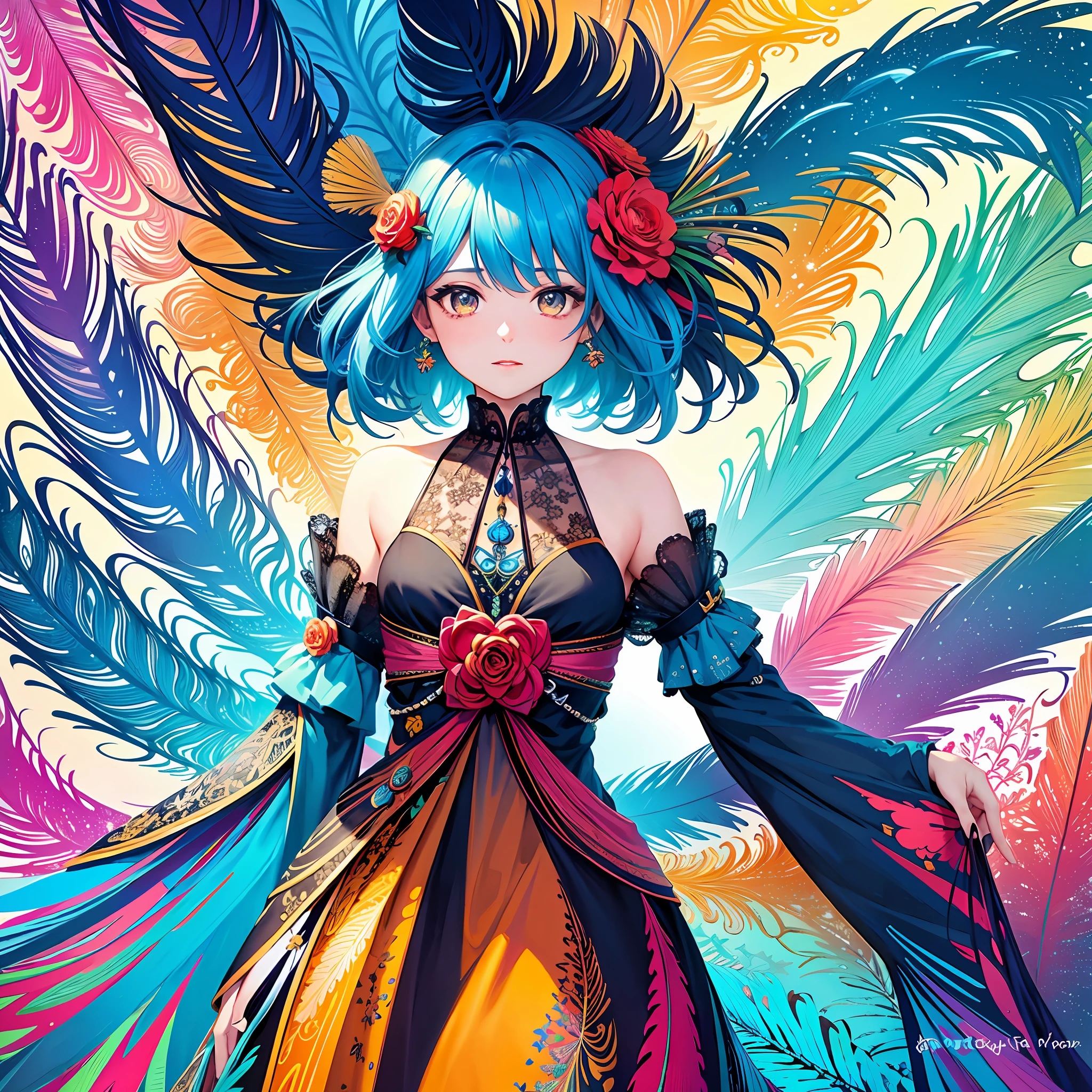 colorful flowers, feather, (masterpiece, top quality, best quality, official art, beautiful and aesthetic:1.2), (1girl:1.3), (fractal art:1.3),