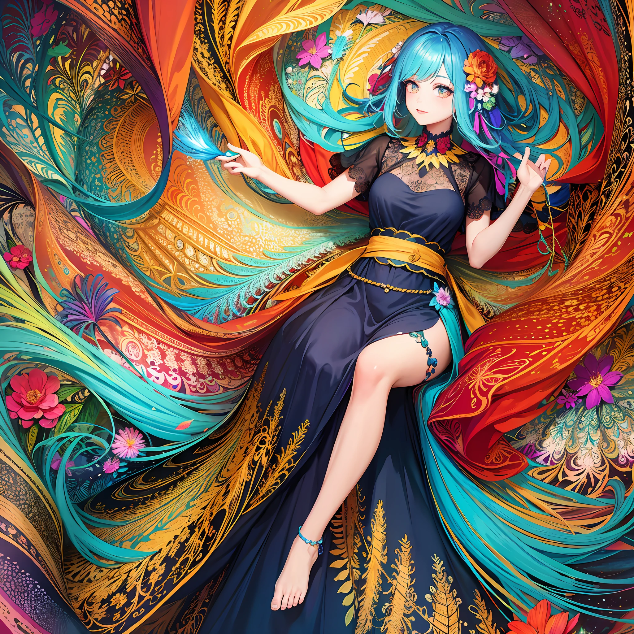 colorful flowers, feather, (masterpiece, top quality, best quality, official art, beautiful and aesthetic:1.2), (1girl:1.3), (fractal art:1.3),