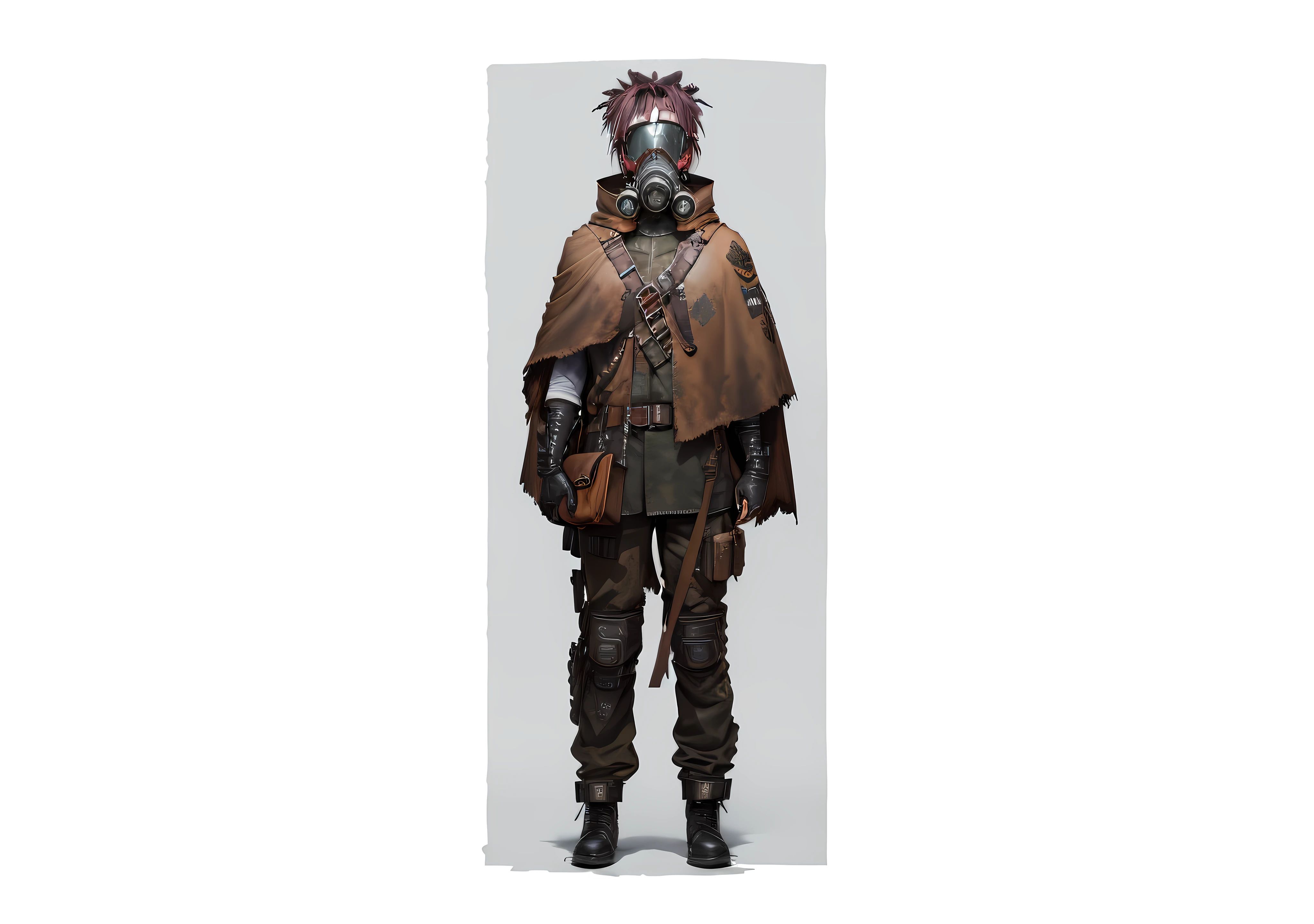 (High quality watercolor realism, figures, wasteland punk costumes, functional style costumes, dynamic poses, brown cape workwear:, school bag, gas mask, good anatomy, good proportions, white background, wasteland punk style, center) --au --auto --s2