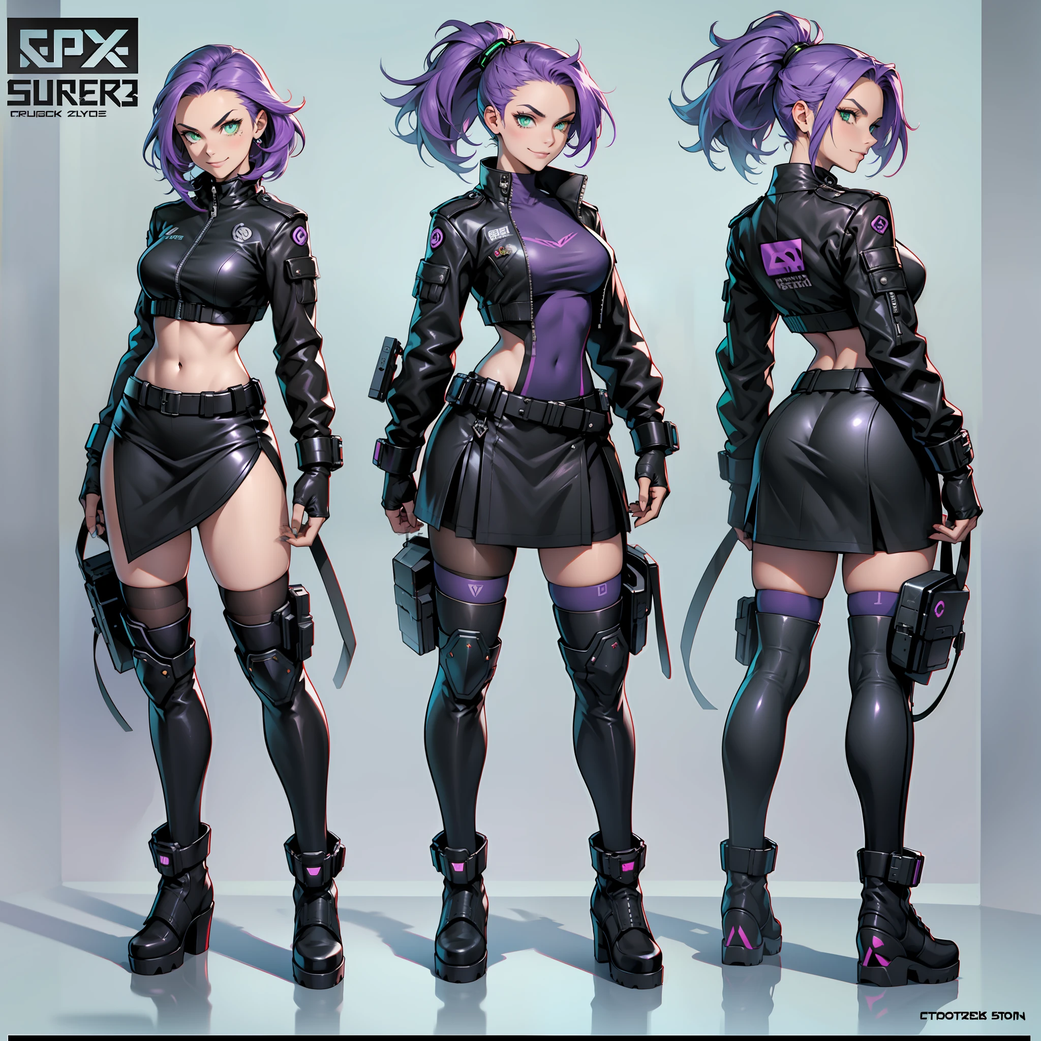 (Character design sheet, forehead, side, back, head, outfit), a girl, fearless young woman, violet hair, emerald green eyes, cyberpunk suit, advanced technology, black leather jacket, metallic skirt, high boots, cyber gloves, bold look, mischievous smile, arched eyebrows, rebellious character, technological ingenuity, loyalty to friends, futuristic world.