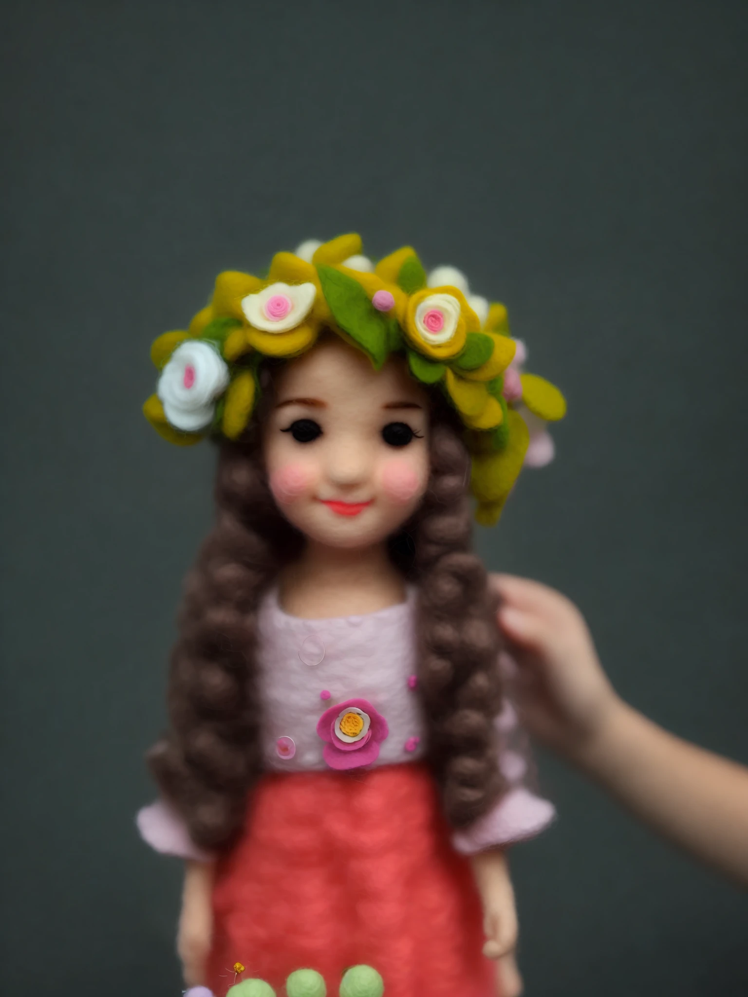 HD, (Best Detail) (Best Quality), Meticulous facial features, There is a young girl wearing a flower crown and necklace, Spark, (((Felt))), handmade, plush toy, (mini wool style)