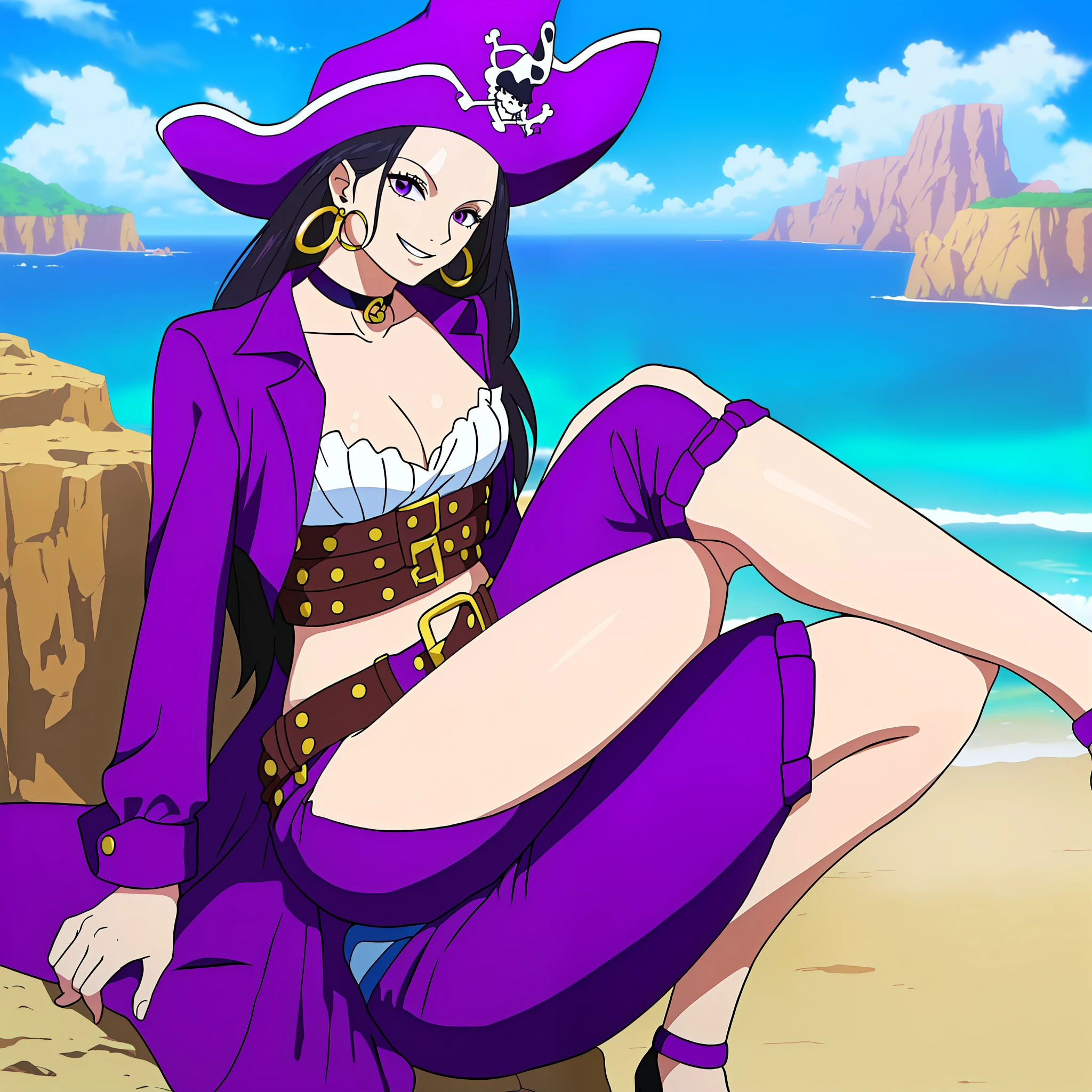 masterpiece, best quality, risky, purple skin, pirate hat, choker, wrist cuffs, hoop earrings, bustier, belt, purple pants, high heels, sitting, looking at viewer, smiling, cliff, ocean, sky