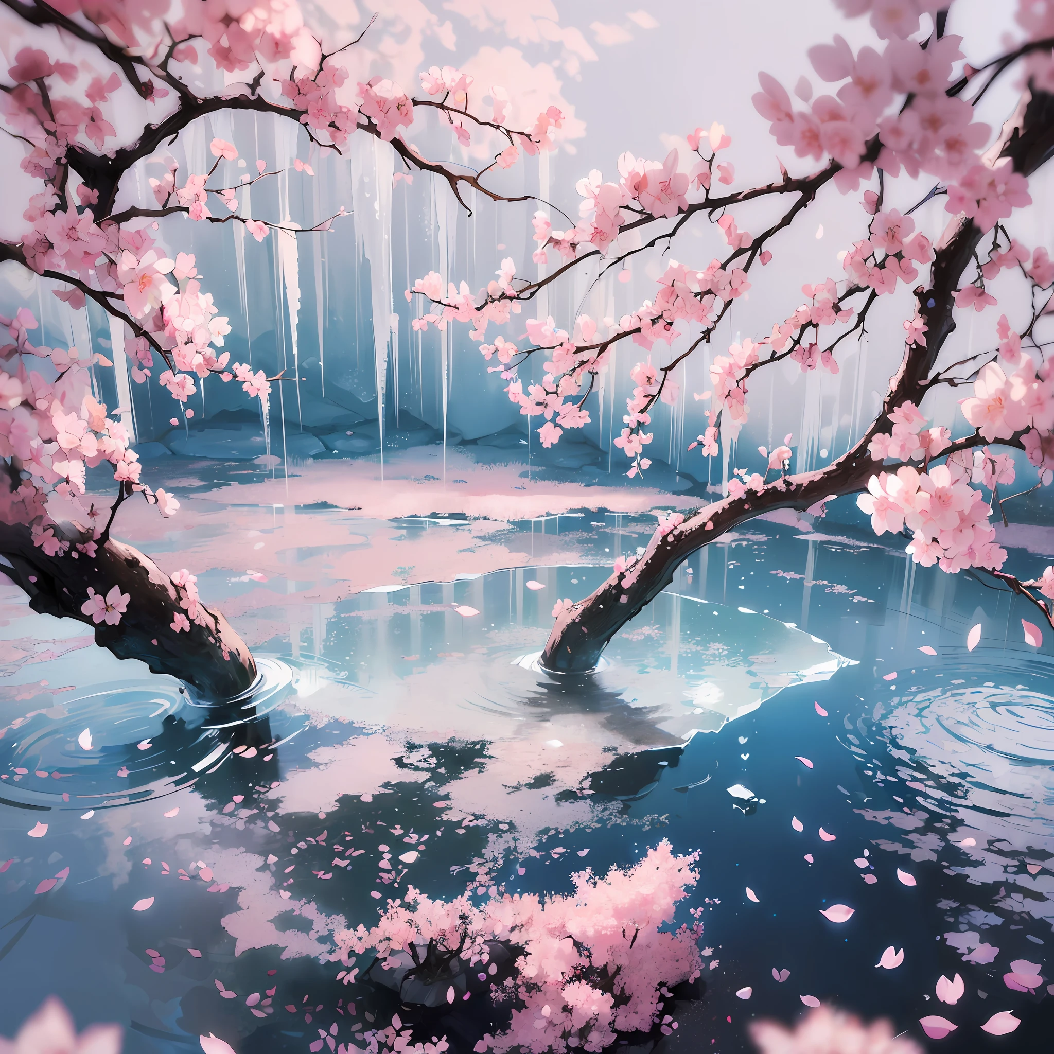 Computer, realistic fantasy, Extensive landscape ultra photography (general view, drops from the sky, reflection in drops, ice inside, fog, iceberg, cherry blossom branches), blurred background, gloomy, magic --auto --s2