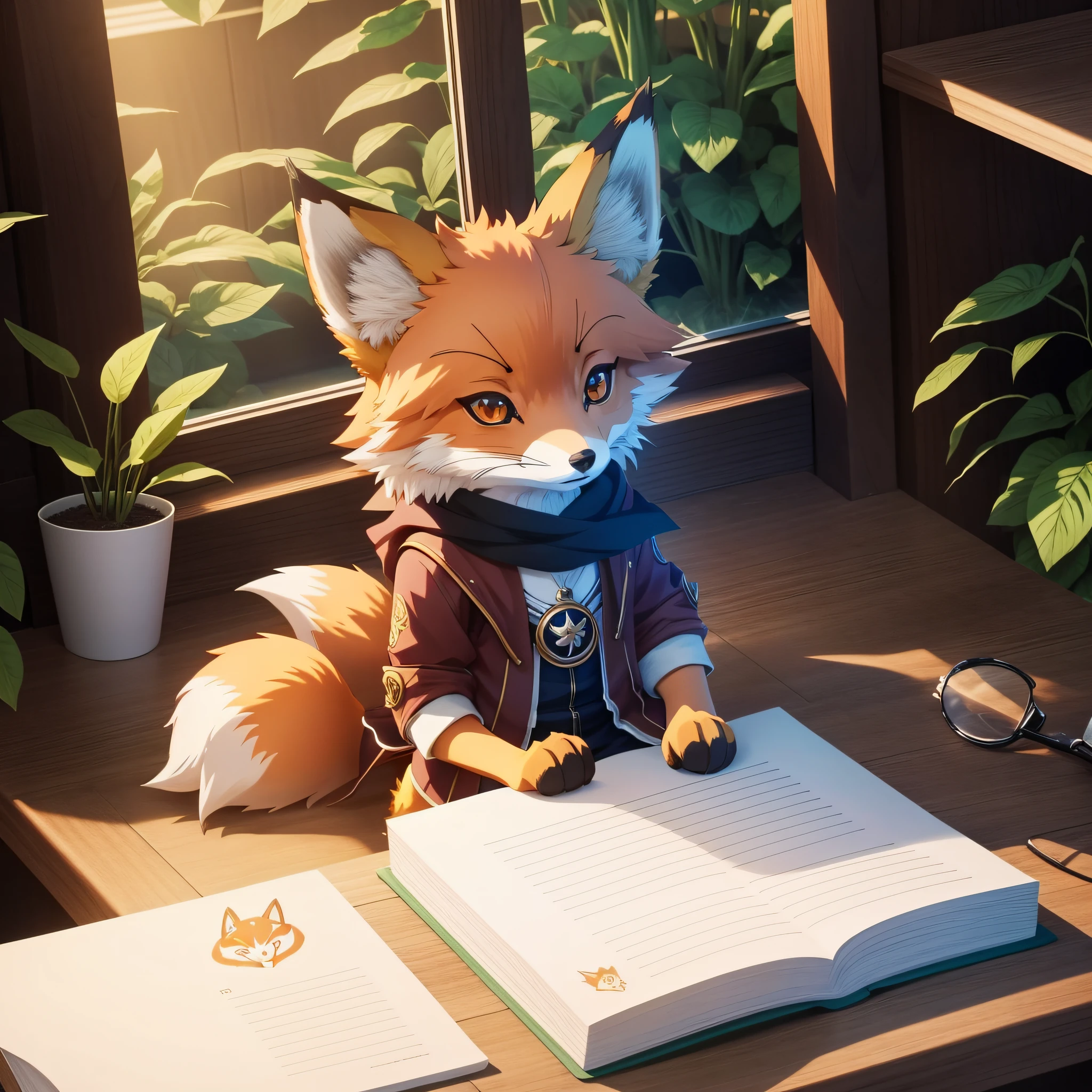 Anime fox sitting on table, holding documents and plants, anime vision of cute fox, no clothes, gods favor little fox, anime fox, realistic anime fox, Loepfe art style, Loepfe, Loepy art, anime fox girl, cute anime fox girl, still from anime, Sora as a fox, anime aesthetics, animated movie screenshots, fox ears --auto --s2