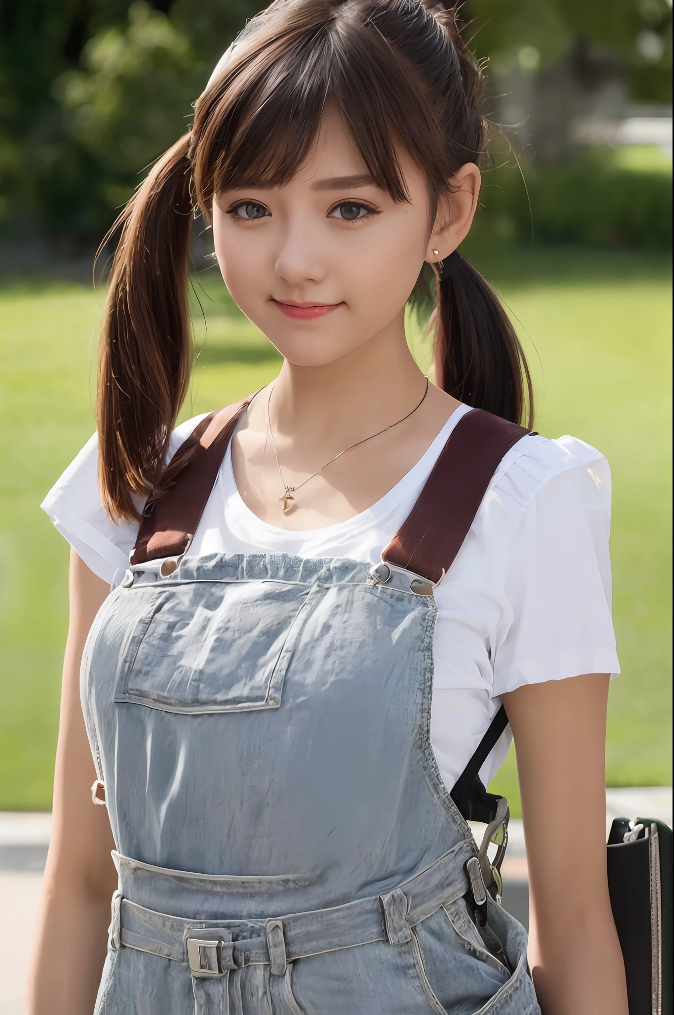 Girl, suspenders, a touch of light, no bangs, ponytail, very summery, good-looking, big eyes