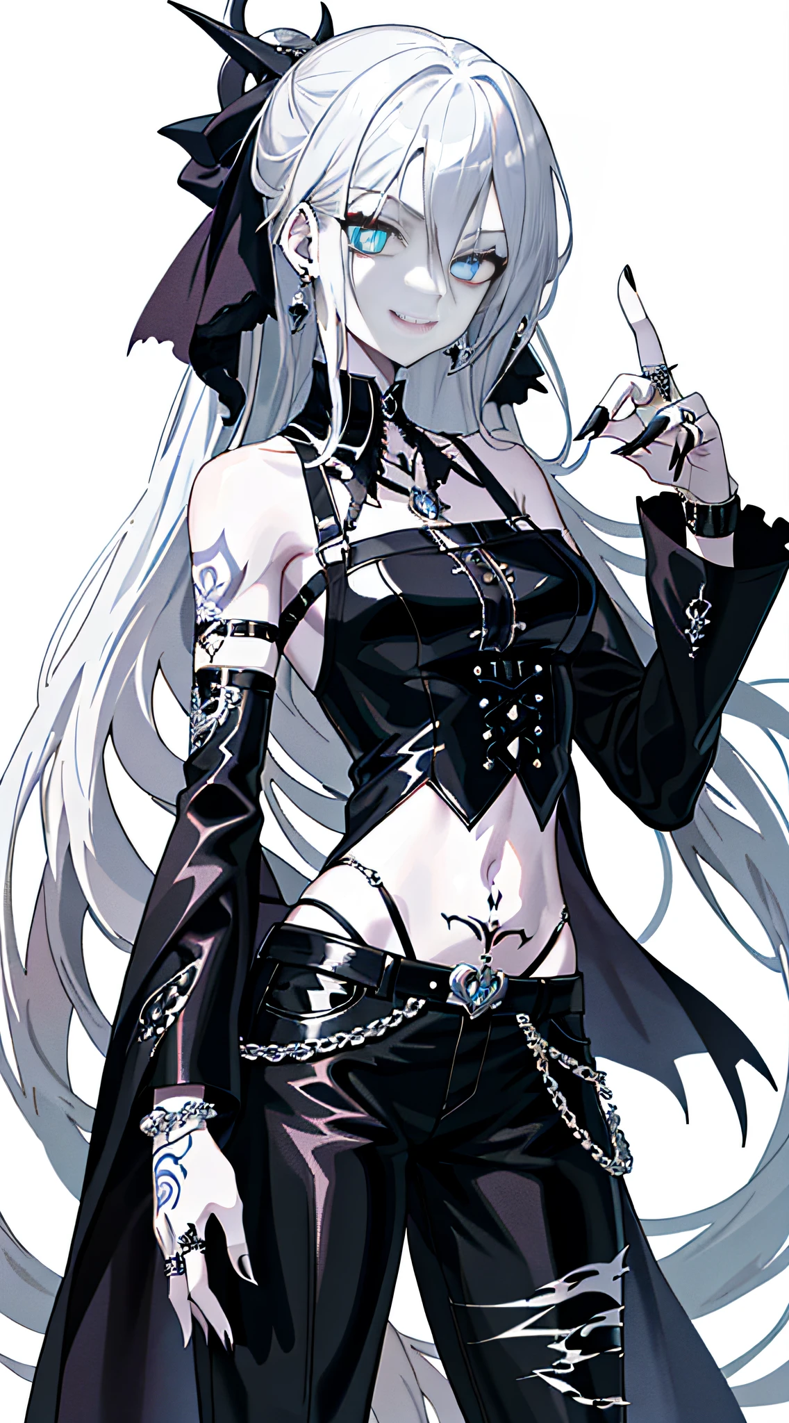 Masterpiece, high quality, rich in details, anime girl with long hair and tattoos, 1 - anime gothic girl, detailed anime character art, gothic shoujo anime girl, full body art, he wears silver-black mirrored leather trousers, tattoo-like style, wears an open-belly short outfit, decorated with a snake as a symbol, this figure has long silver-white hair, looks very cool, has a little devilish atmosphere, gothic girl aesthetics, badass look, evil smile, neo-gothic, with rings, bracelets, earrings and necklaces