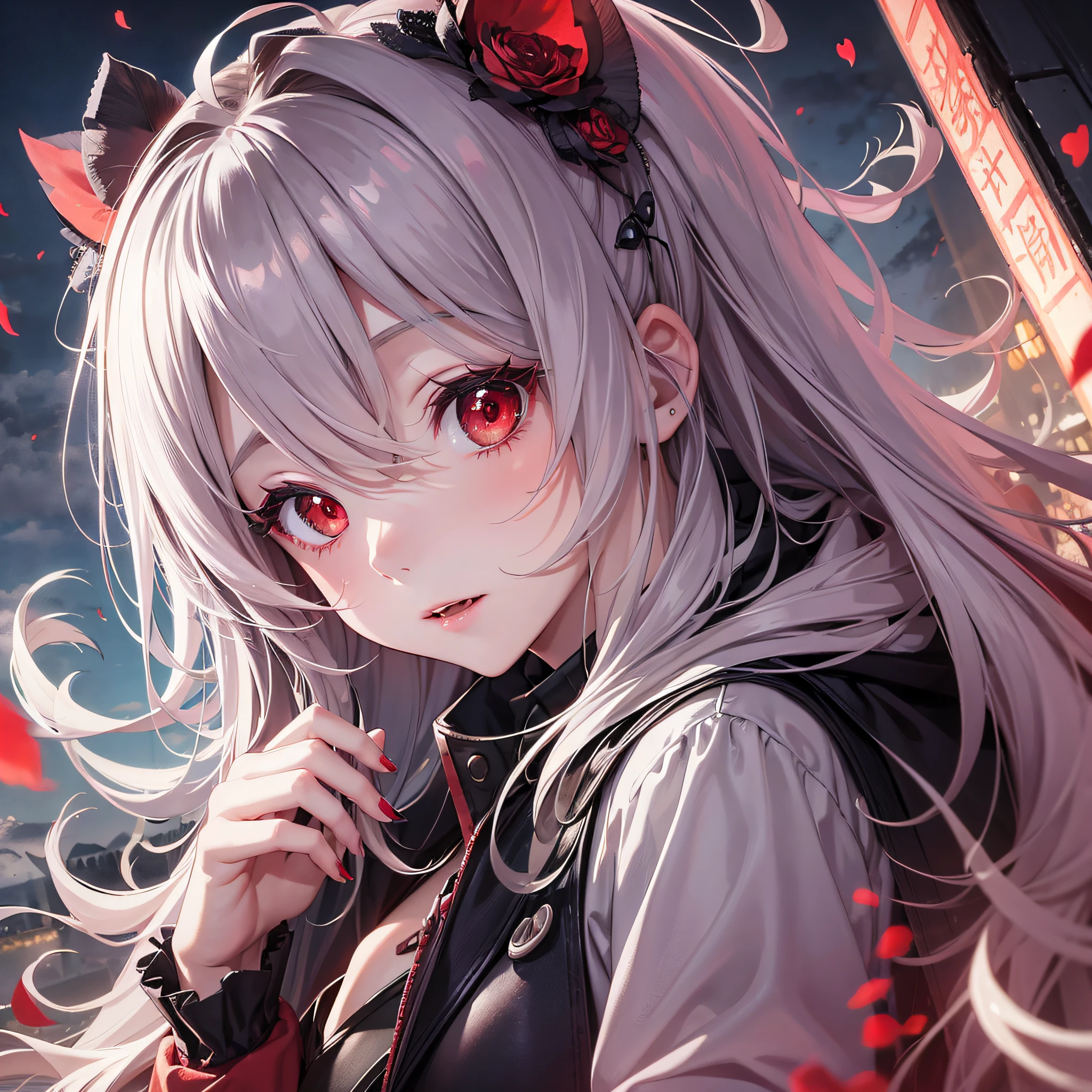 (masterpiece), red pupils, extremely cute girl vampire, cute, late at night, windswept and cloudy, high perspective overlook, in the night, light floating above the sky. --auto --s2